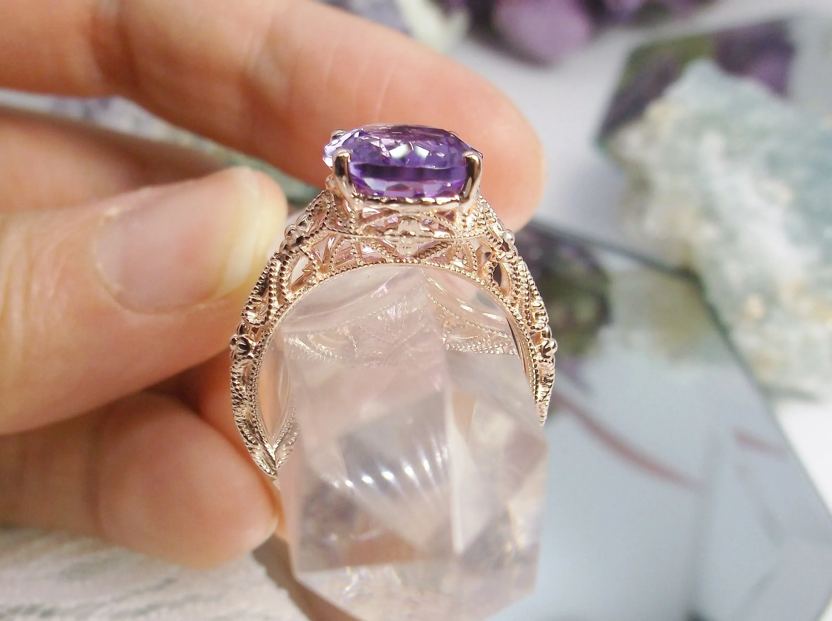 Natural Amethyst Ring, Rose Gold plated Medieval Floral Filigree, Oval Gem, Vintage Jewelry, D173