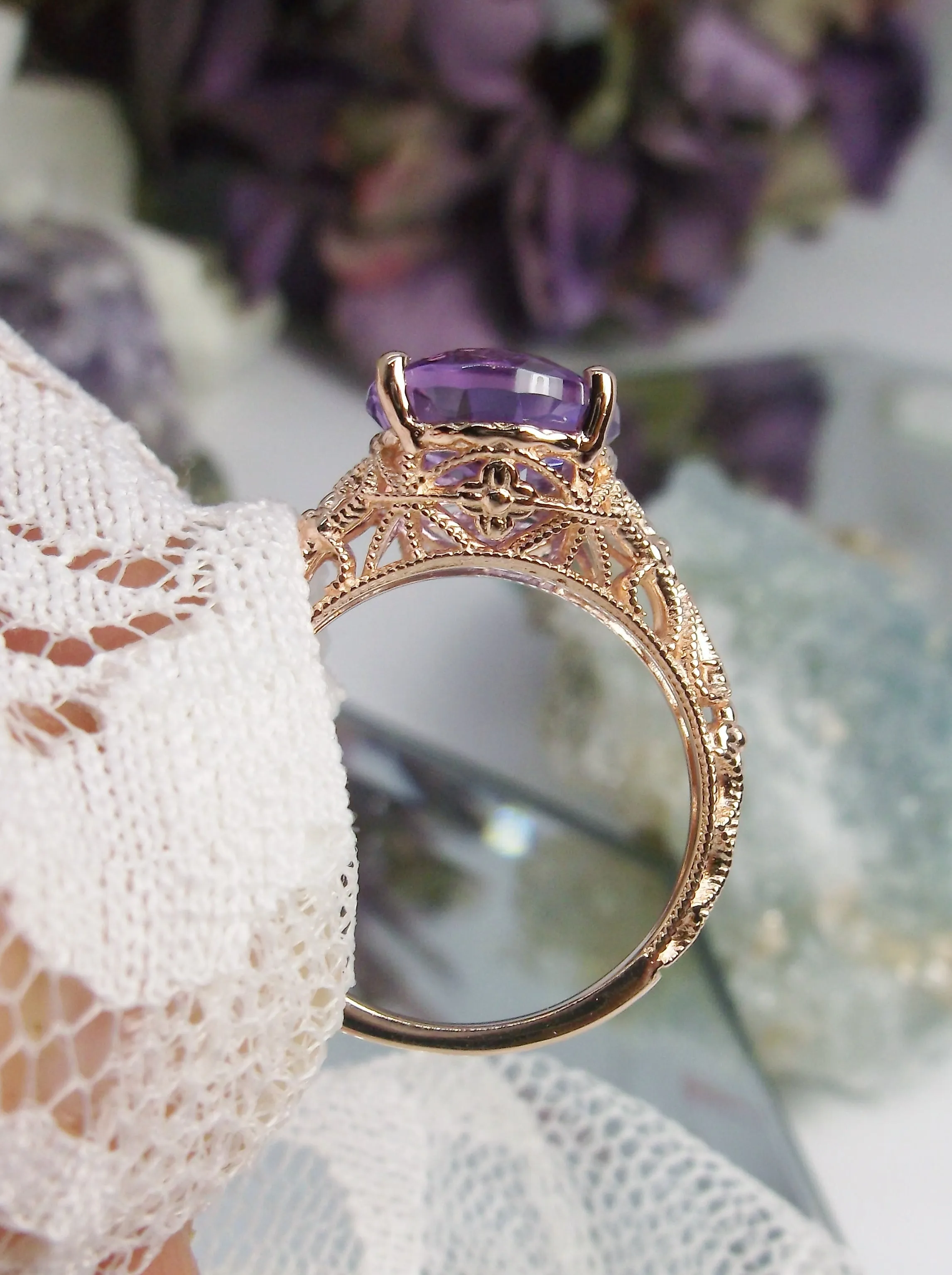Natural Amethyst Ring, Rose Gold plated Medieval Floral Filigree, Oval Gem, Vintage Jewelry, D173