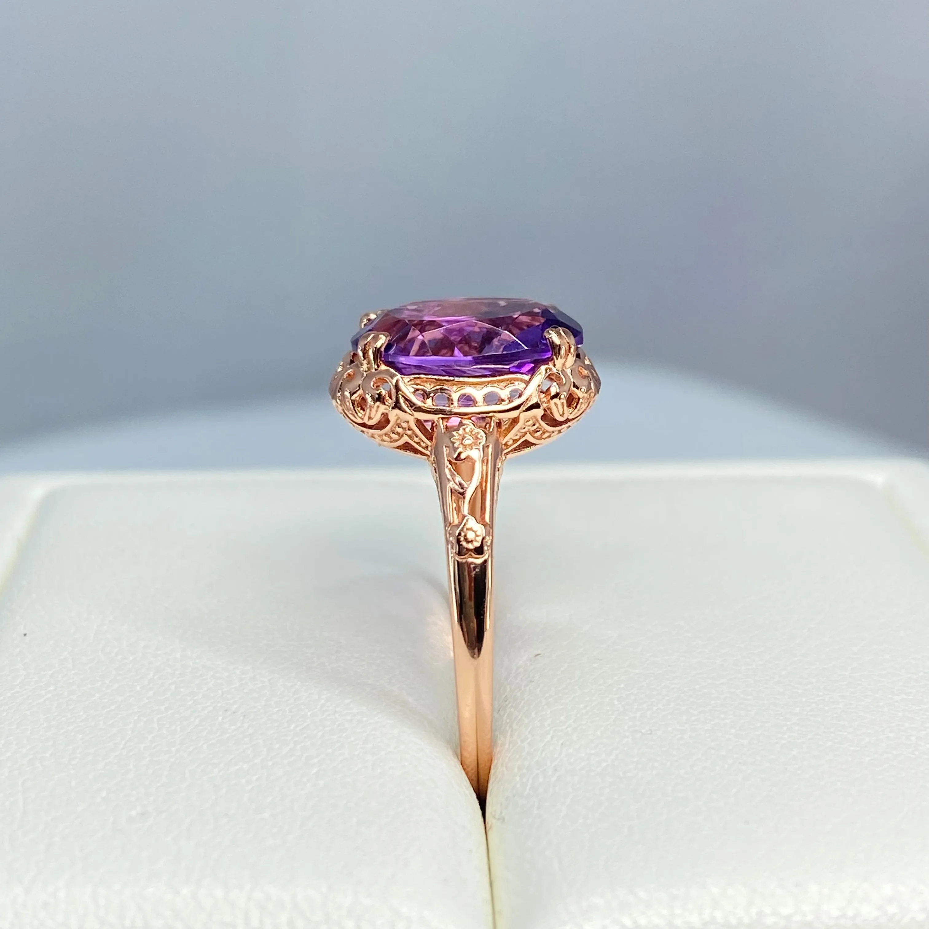Natural Amethyst Ring, Size 8.5, Rose Gold plated, Edwardian Antique Reproduction Jewelry #D70z - Ready to Ship