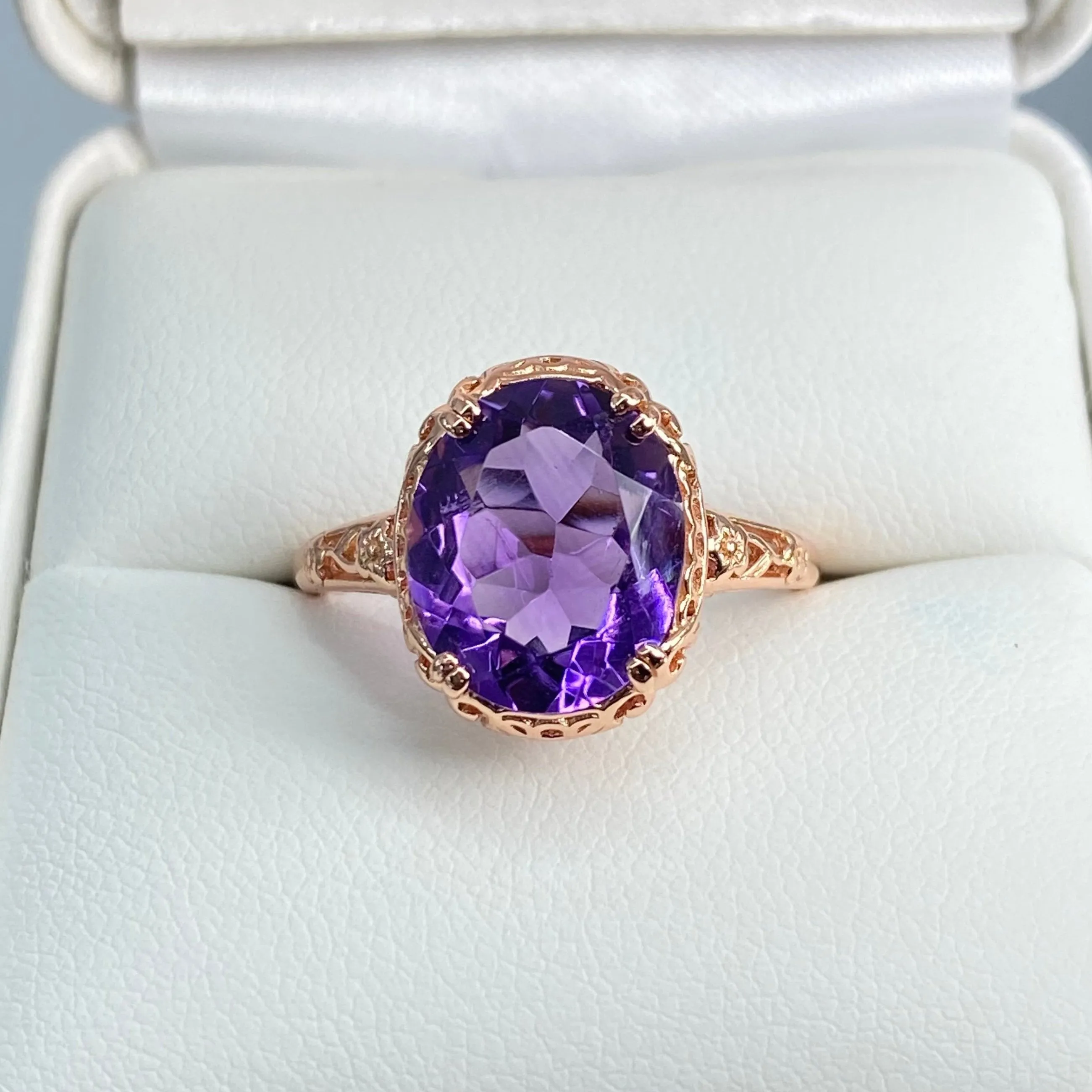 Natural Amethyst Ring, Size 8.5, Rose Gold plated, Edwardian Antique Reproduction Jewelry #D70z - Ready to Ship