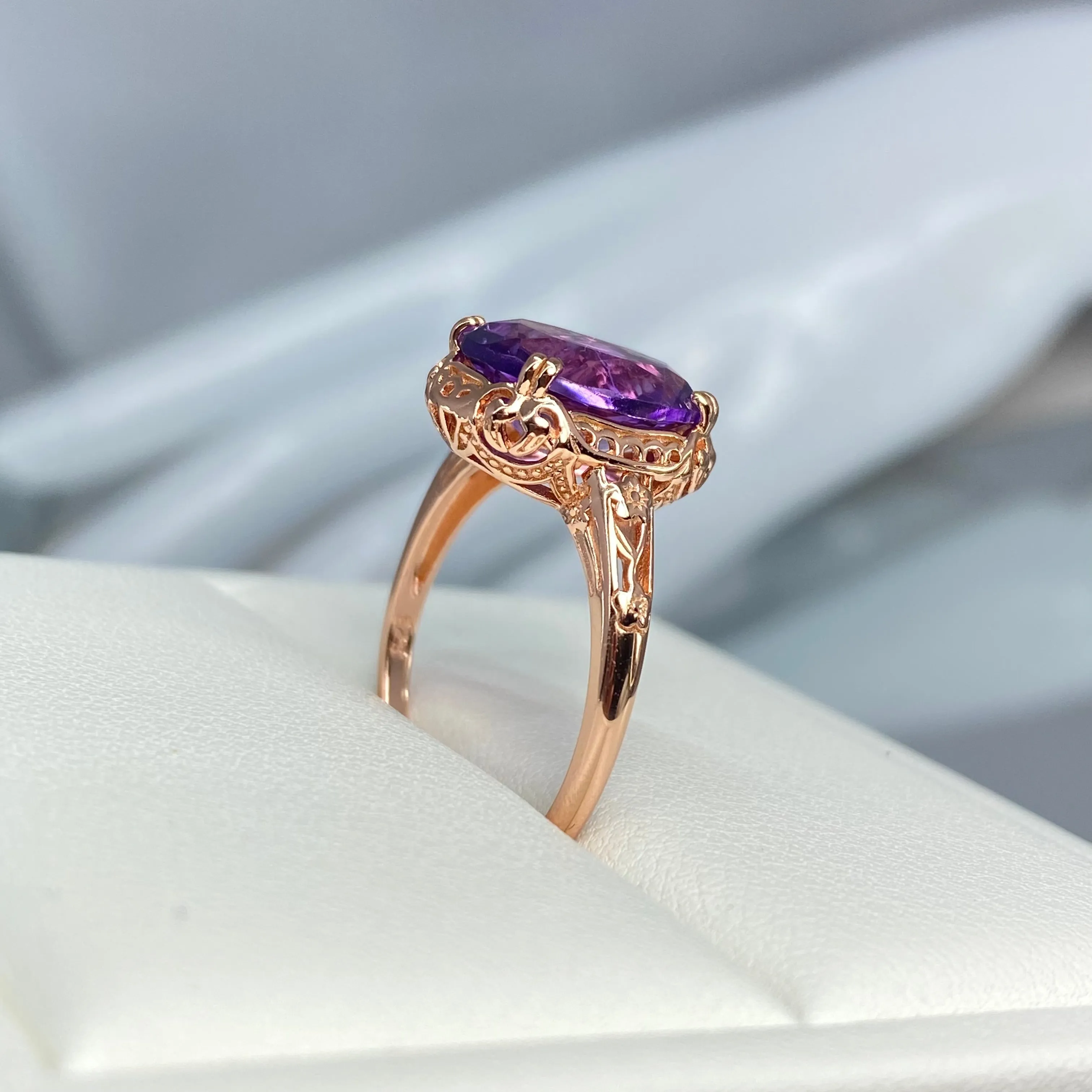 Natural Amethyst Ring, Size 8.5, Rose Gold plated, Edwardian Antique Reproduction Jewelry #D70z - Ready to Ship