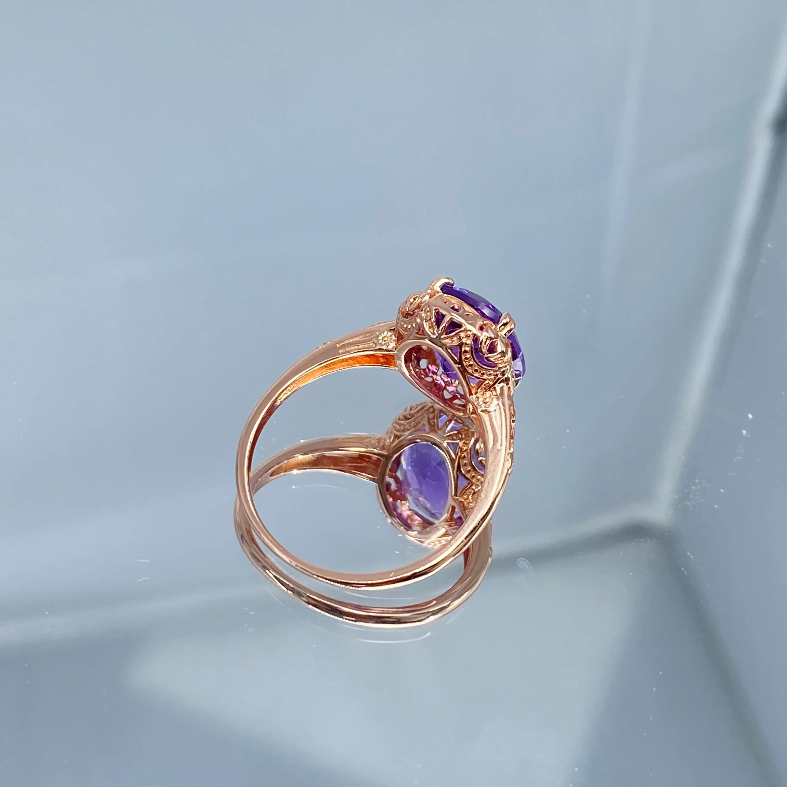 Natural Amethyst Ring, Size 8.5, Rose Gold plated, Edwardian Antique Reproduction Jewelry #D70z - Ready to Ship