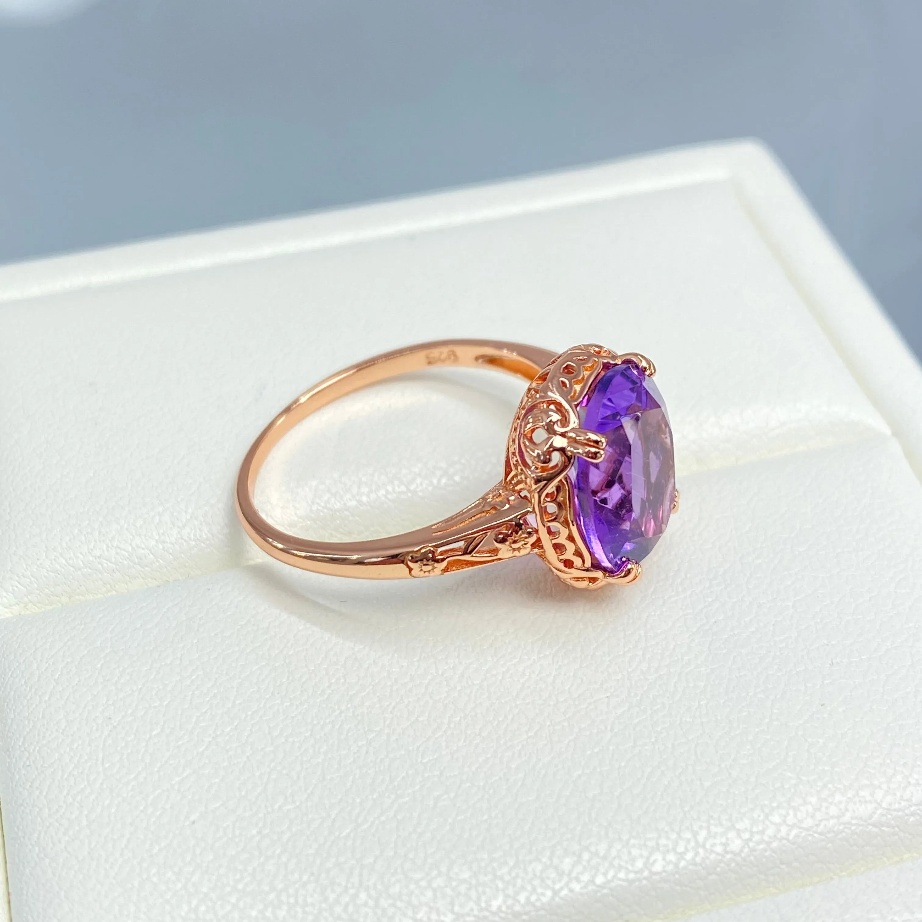 Natural Amethyst Ring, Size 8.5, Rose Gold plated, Edwardian Antique Reproduction Jewelry #D70z - Ready to Ship