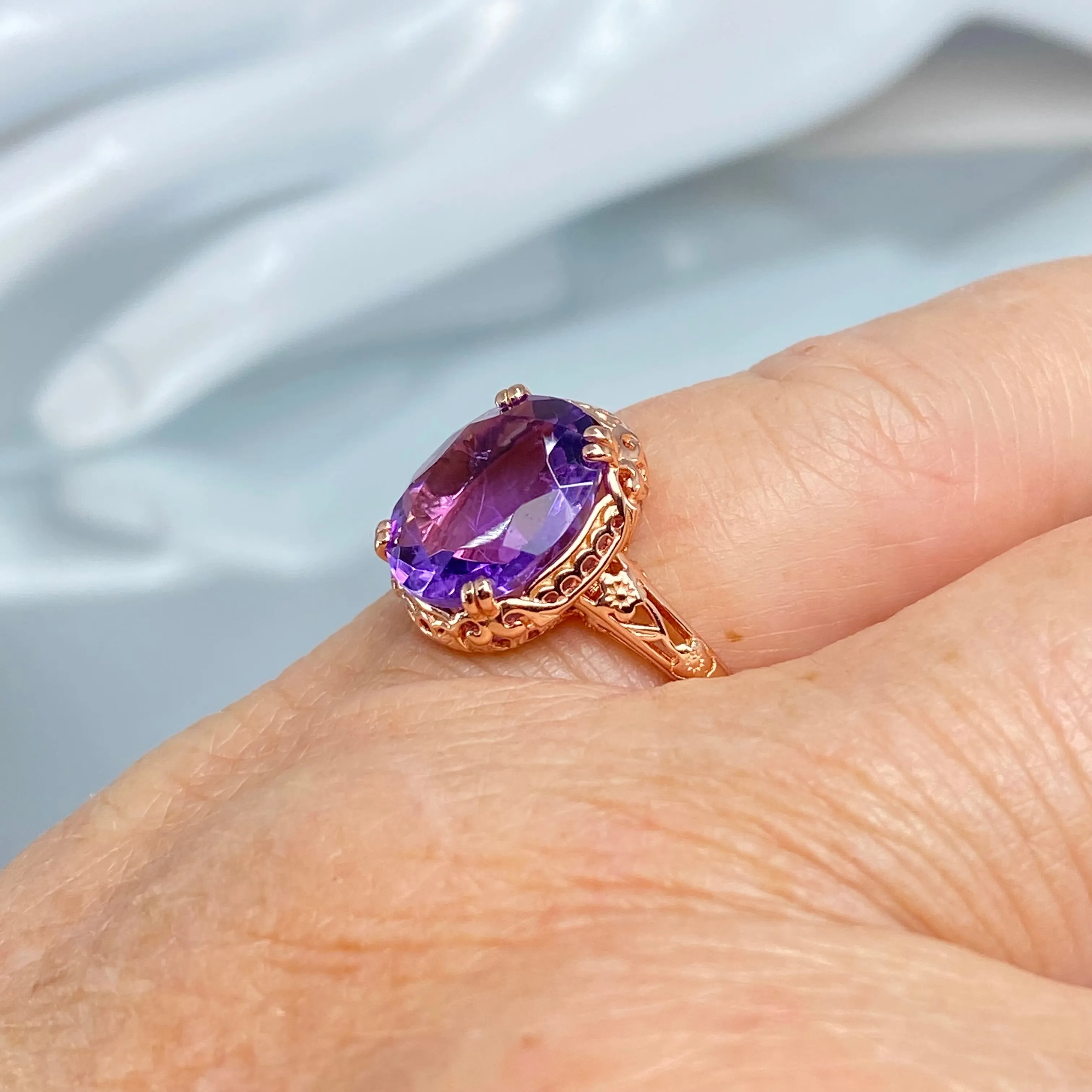 Natural Amethyst Ring, Size 8.5, Rose Gold plated, Edwardian Antique Reproduction Jewelry #D70z - Ready to Ship