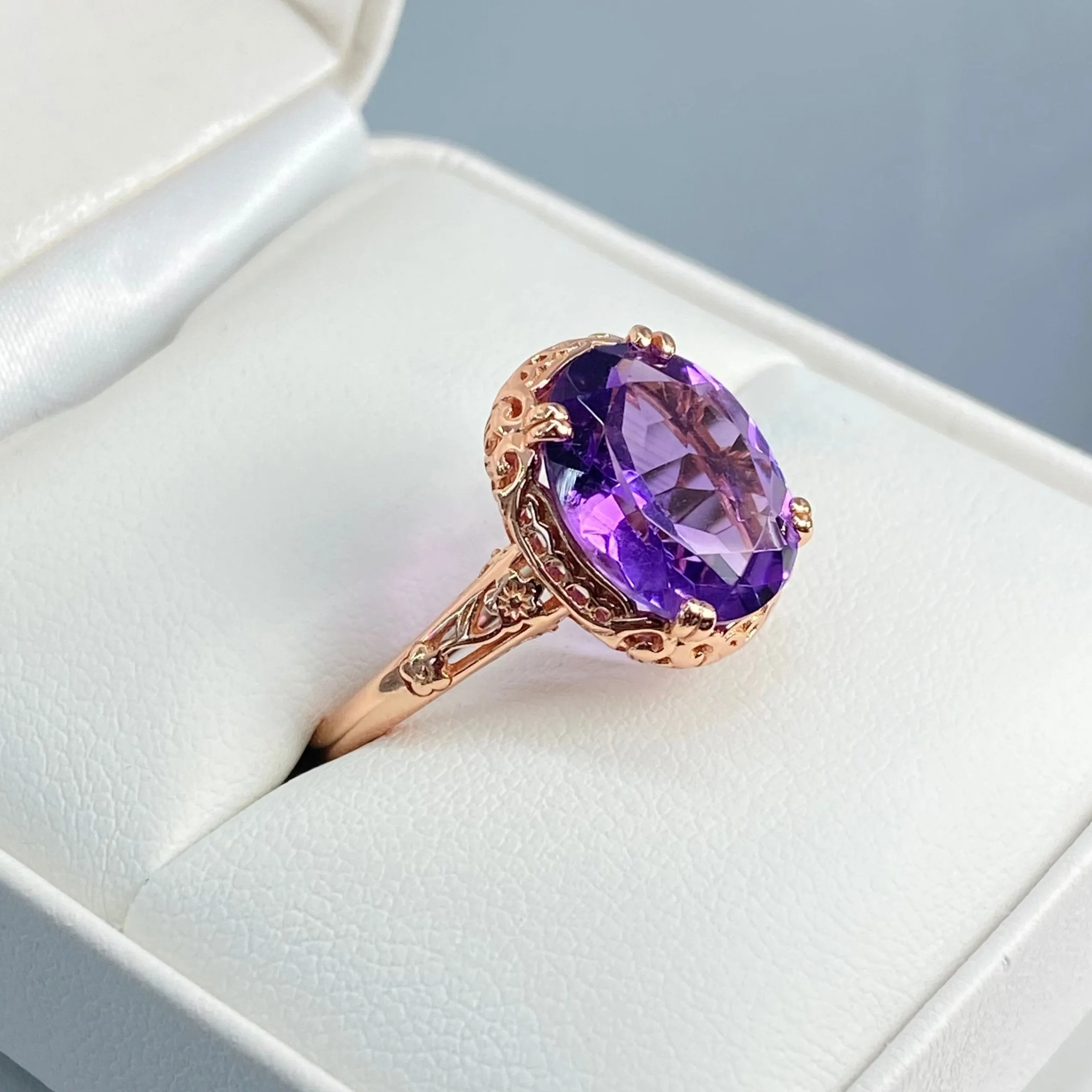 Natural Amethyst Ring, Size 8.5, Rose Gold plated, Edwardian Antique Reproduction Jewelry #D70z - Ready to Ship