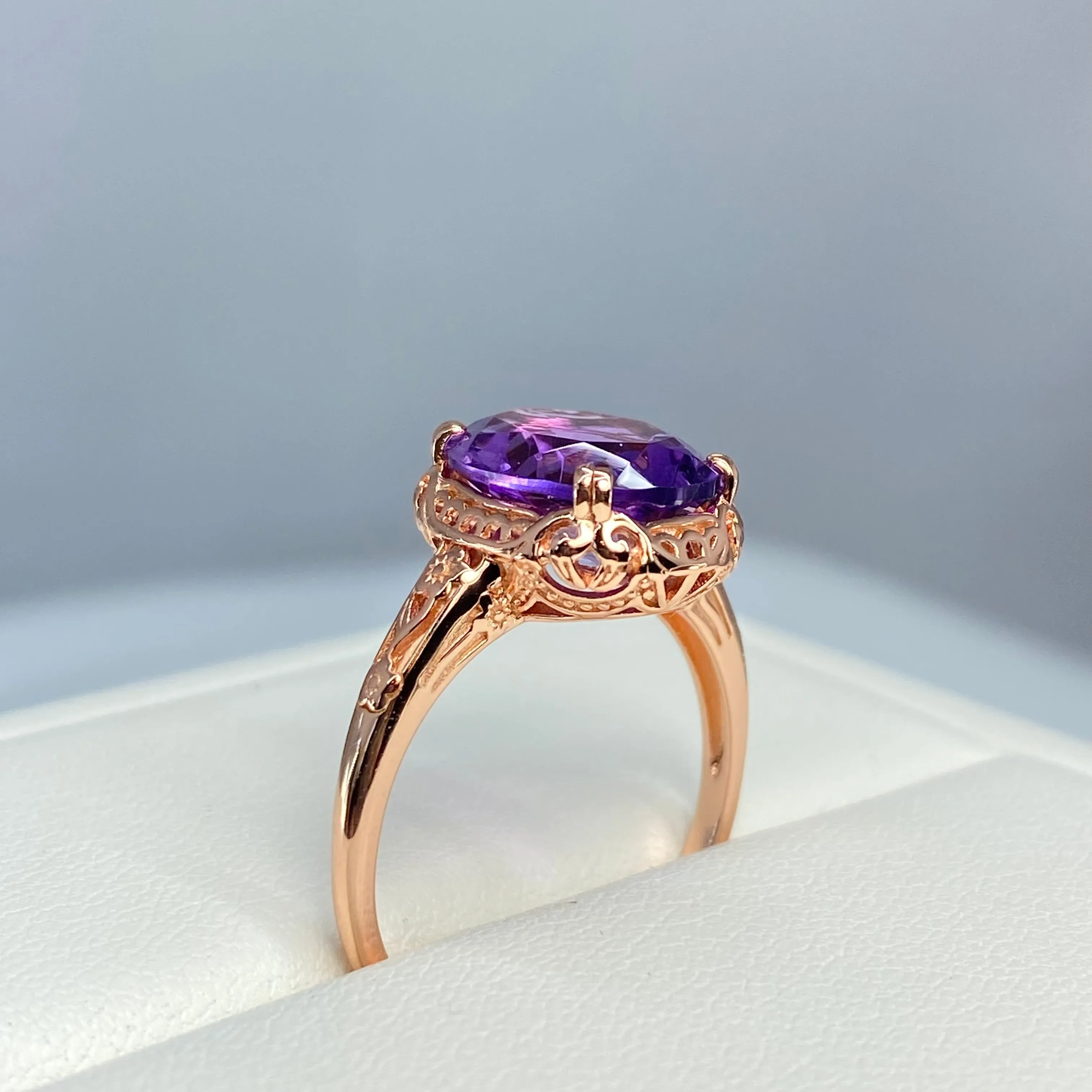 Natural Amethyst Ring, Size 8.5, Rose Gold plated, Edwardian Antique Reproduction Jewelry #D70z - Ready to Ship