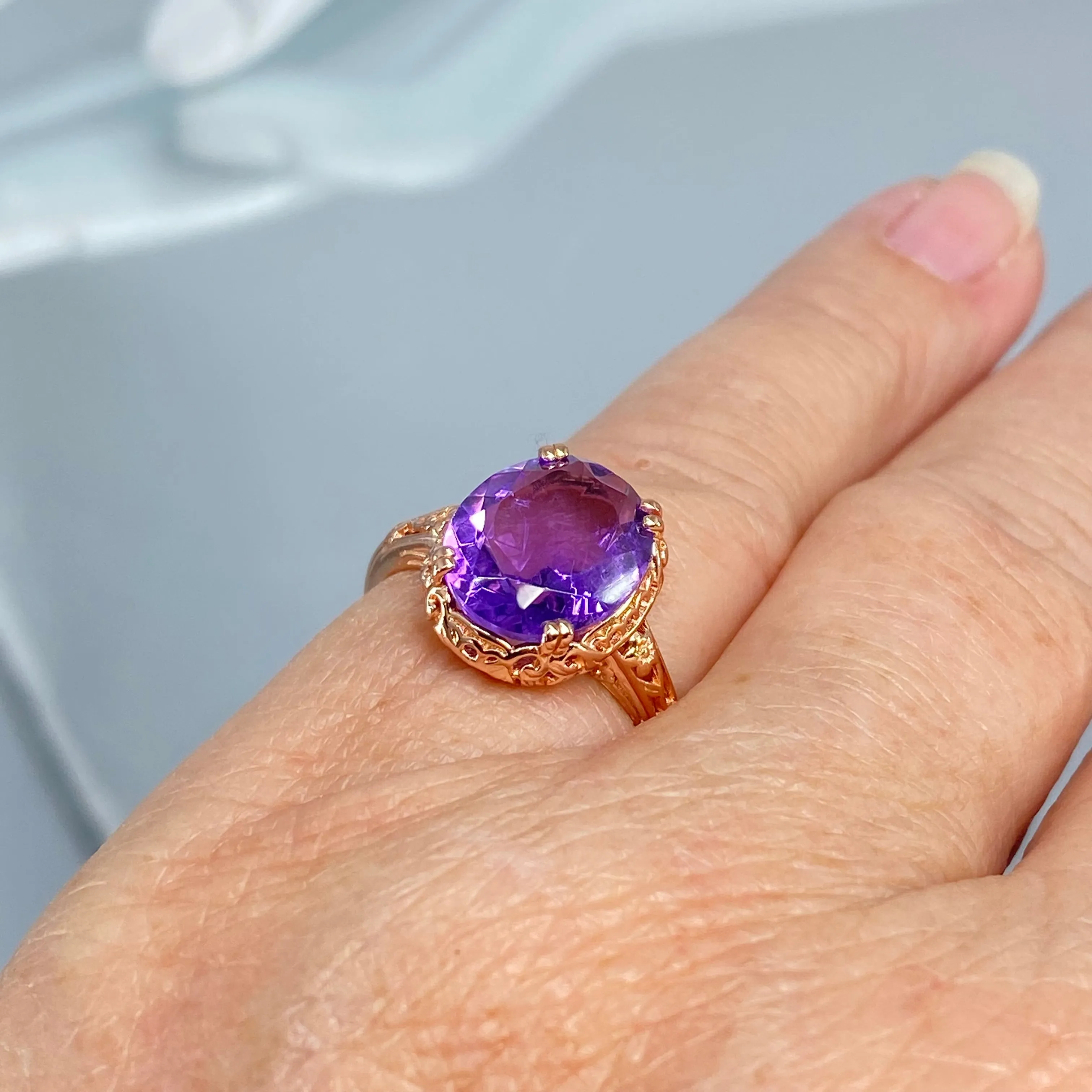 Natural Amethyst Ring, Size 8.5, Rose Gold plated, Edwardian Antique Reproduction Jewelry #D70z - Ready to Ship