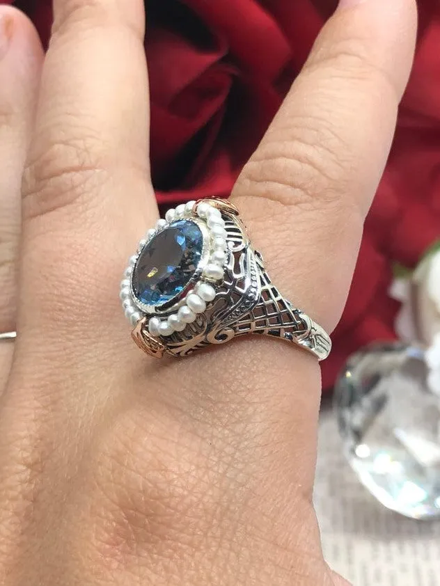 Natural Blue Topaz & Seed Pearl Ring, Size 6, Victorian Filigree Jewelry #D238 - Ready to Ship