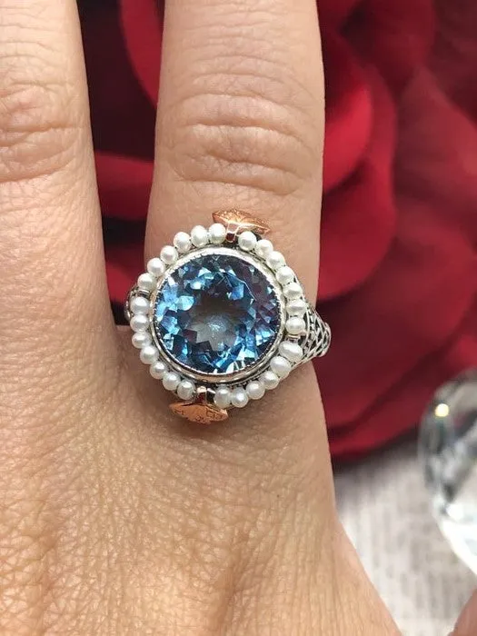 Natural Blue Topaz & Seed Pearl Ring, Size 6, Victorian Filigree Jewelry #D238 - Ready to Ship