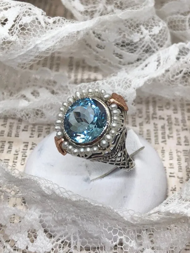 Natural Blue Topaz & Seed Pearl Ring, Size 6, Victorian Filigree Jewelry #D238 - Ready to Ship