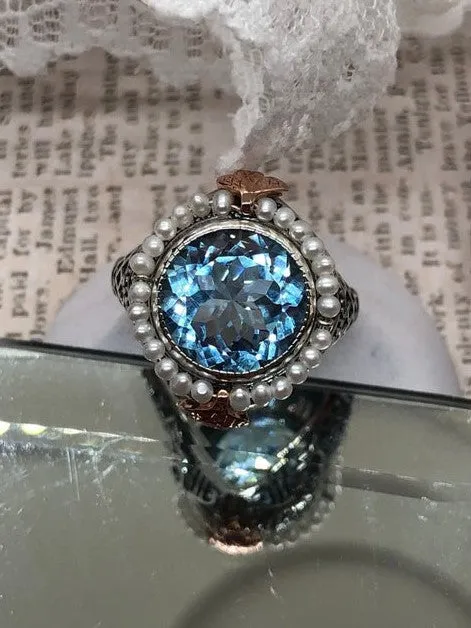 Natural Blue Topaz & Seed Pearl Ring, Size 6, Victorian Filigree Jewelry #D238 - Ready to Ship