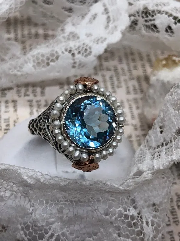 Natural Blue Topaz & Seed Pearl Ring, Size 6, Victorian Filigree Jewelry #D238 - Ready to Ship