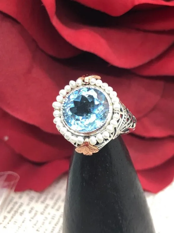Natural Blue Topaz & Seed Pearl Ring, Size 6, Victorian Filigree Jewelry #D238 - Ready to Ship
