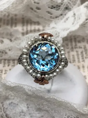 Natural Blue Topaz & Seed Pearl Ring, Size 6, Victorian Filigree Jewelry #D238 - Ready to Ship