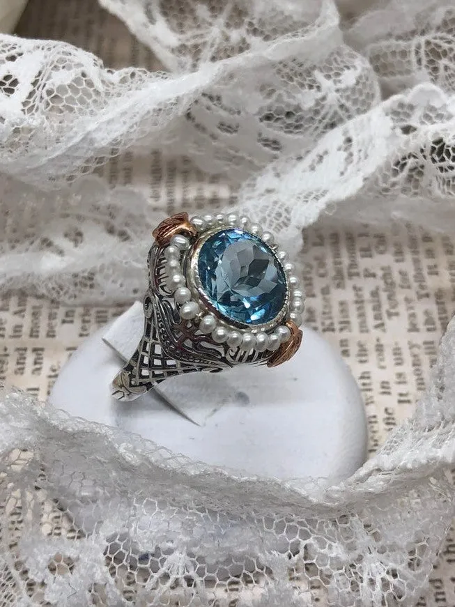 Natural Blue Topaz & Seed Pearl Ring, Size 6, Victorian Filigree Jewelry #D238 - Ready to Ship