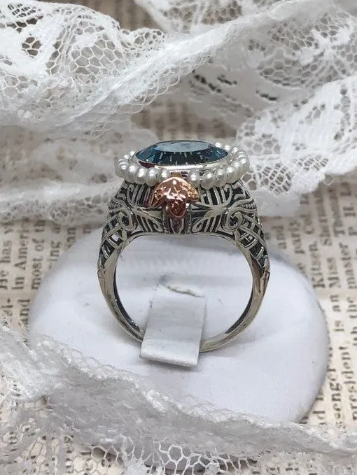 Natural Blue Topaz & Seed Pearl Ring, Size 6, Victorian Filigree Jewelry #D238 - Ready to Ship