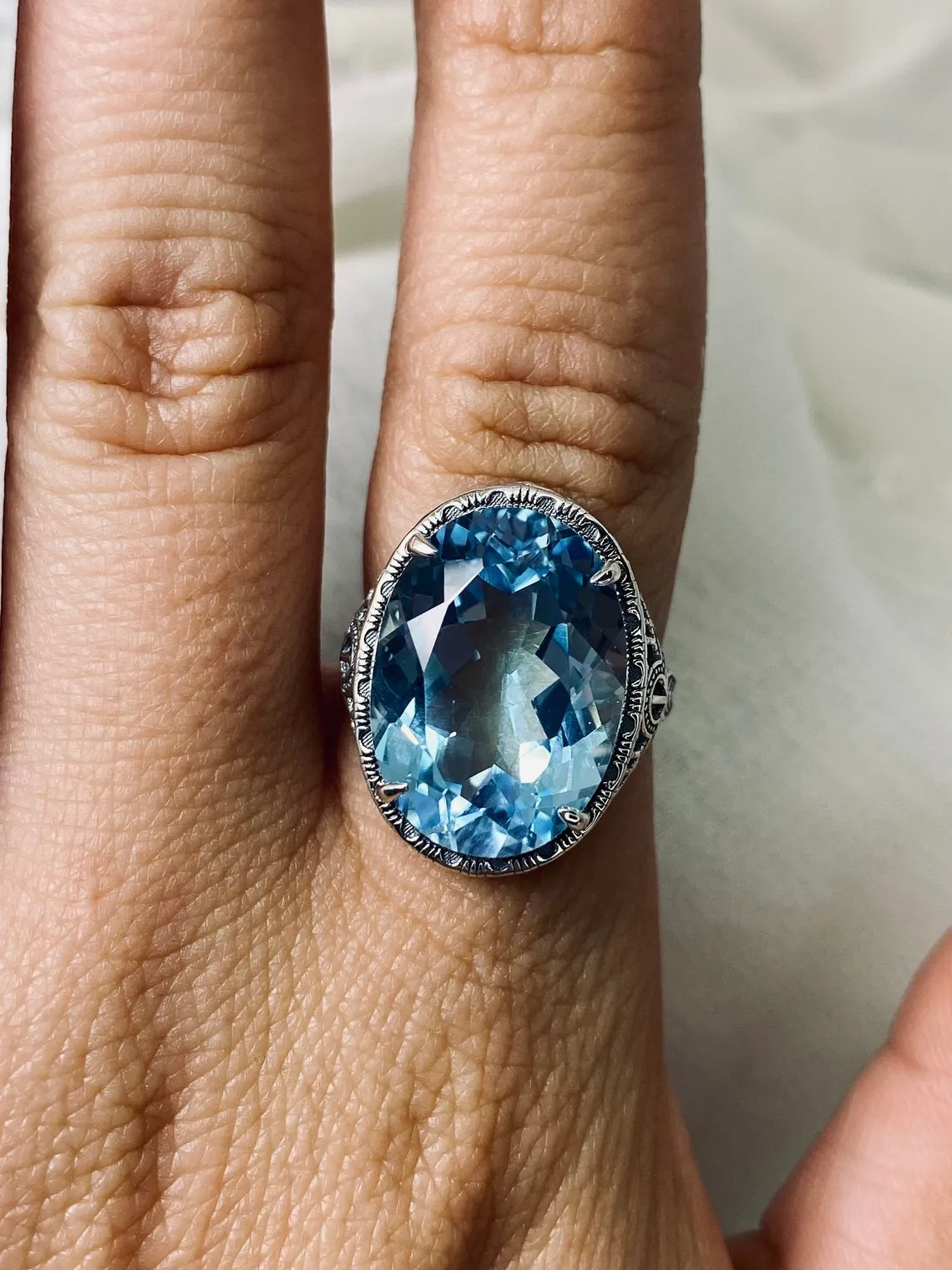 Natural Blue Topaz Persian Ring, Art Deco Vintage Revival Jewelry #D230