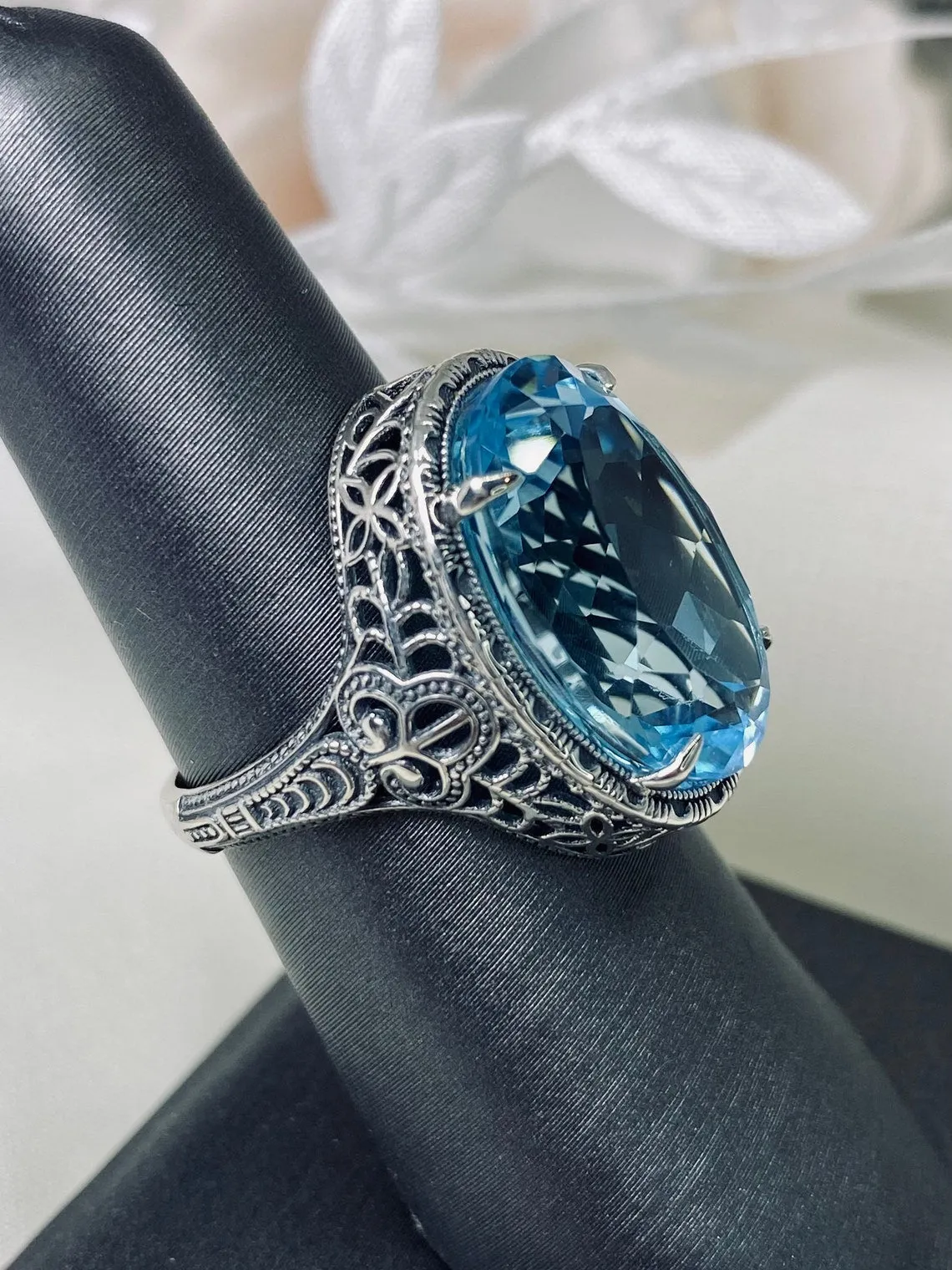 Natural Blue Topaz Persian Ring, Art Deco Vintage Revival Jewelry #D230