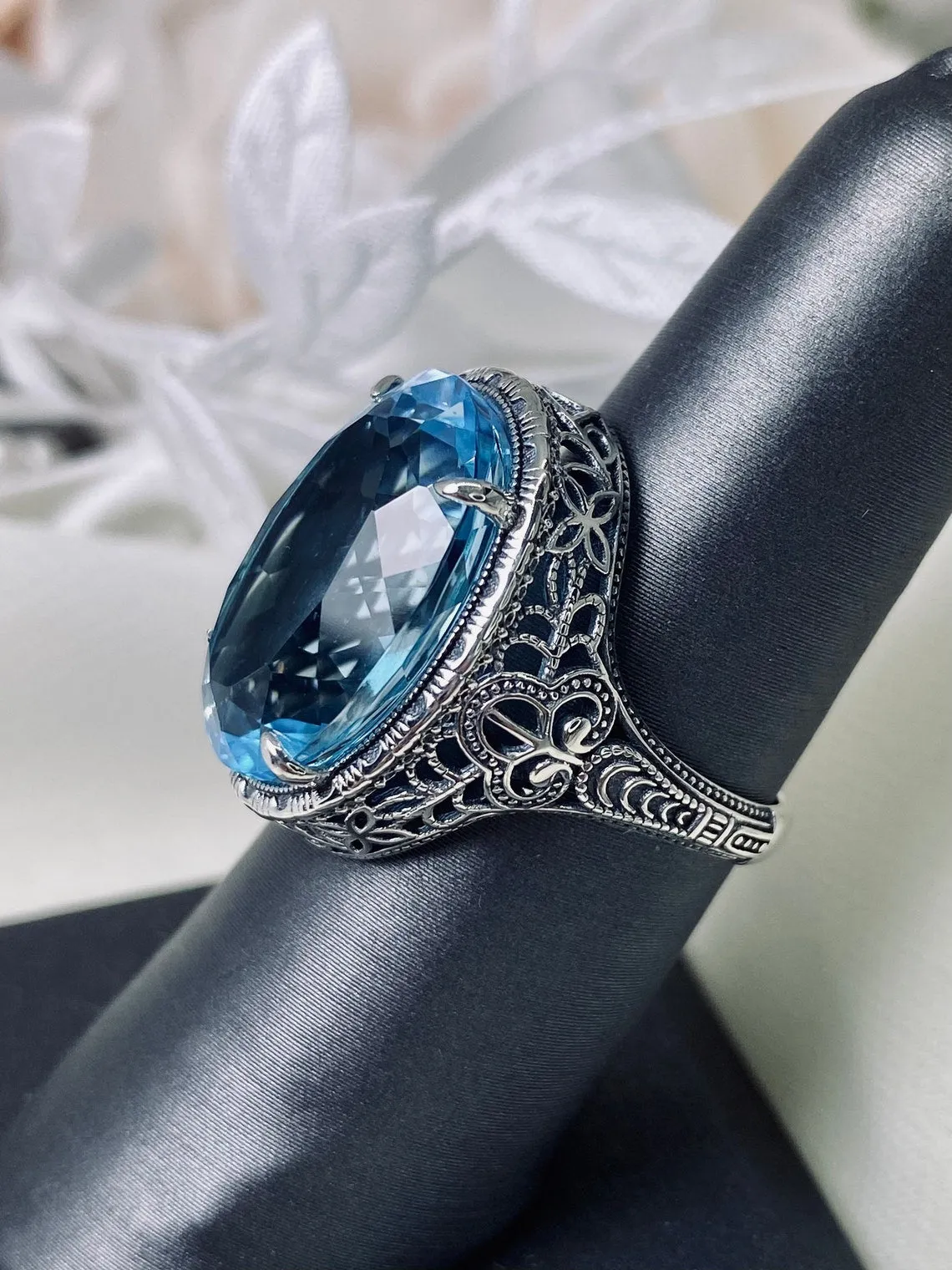 Natural Blue Topaz Persian Ring, Art Deco Vintage Revival Jewelry #D230