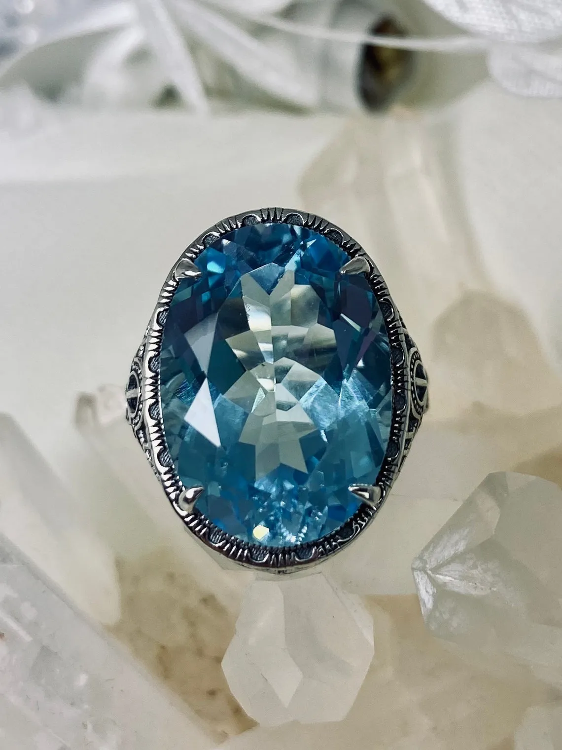 Natural Blue Topaz Persian Ring, Art Deco Vintage Revival Jewelry #D230