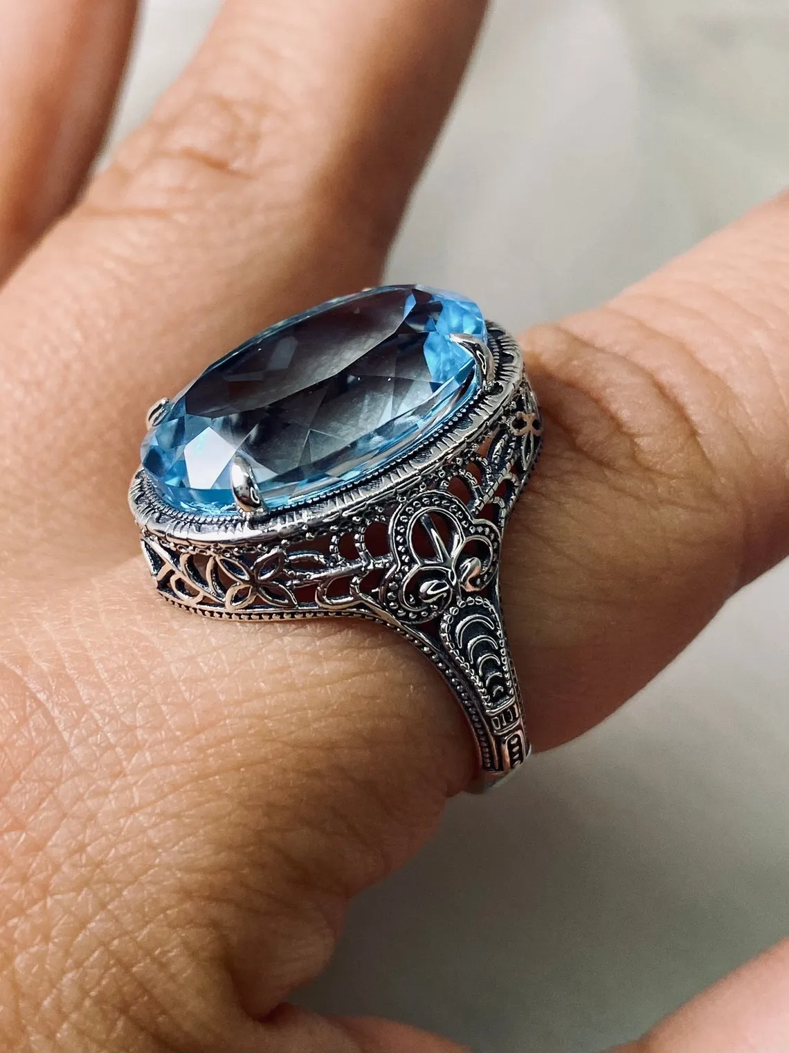 Natural Blue Topaz Persian Ring, Art Deco Vintage Revival Jewelry #D230