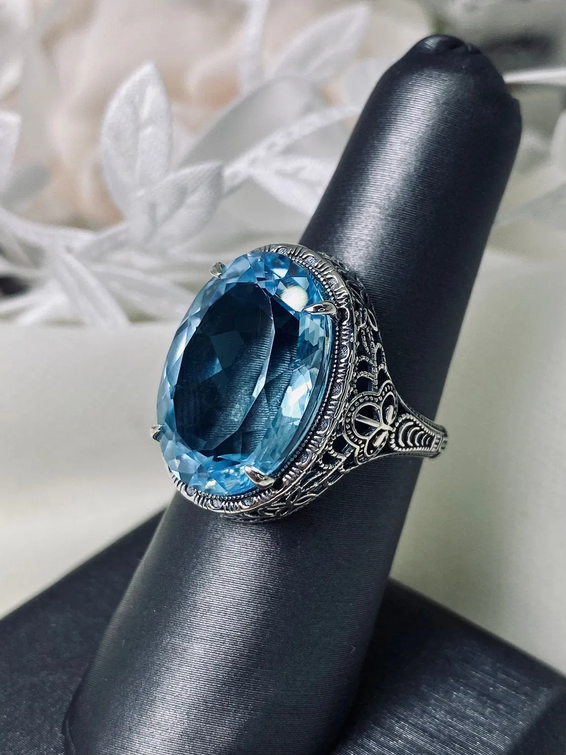 Natural Blue Topaz Persian Ring, Art Deco Vintage Revival Jewelry #D230