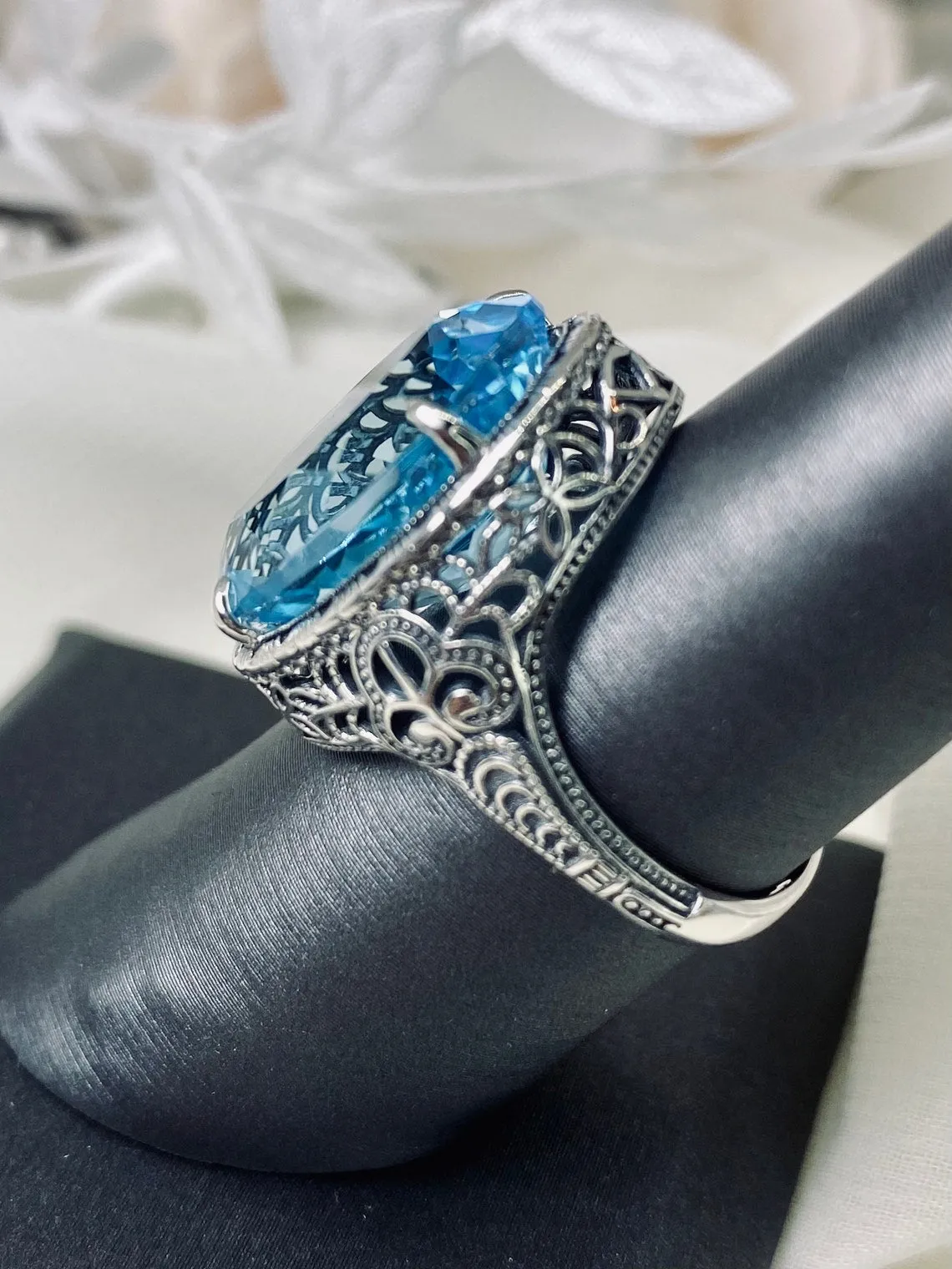 Natural Blue Topaz Persian Ring, Art Deco Vintage Revival Jewelry #D230