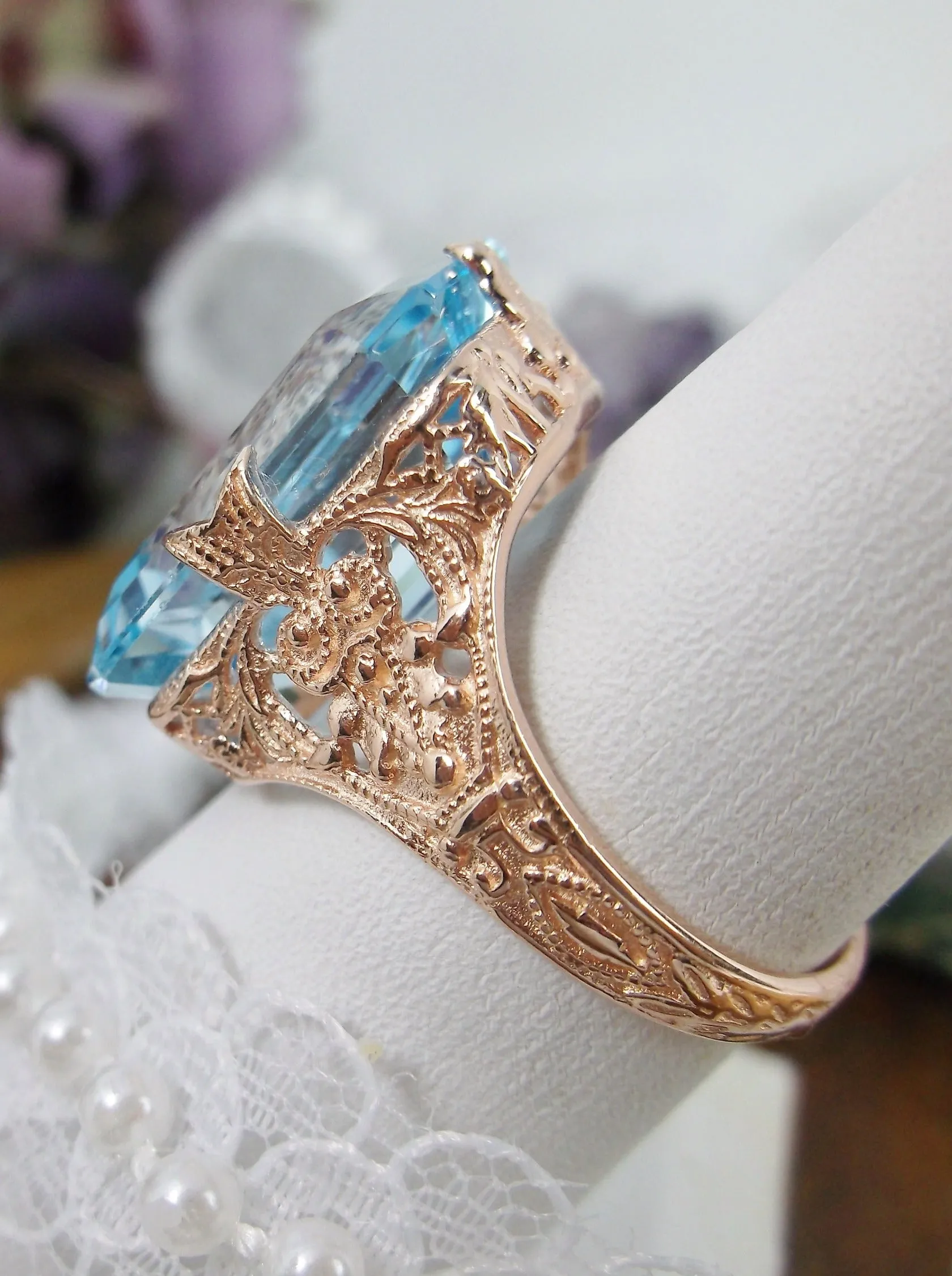 Natural Blue Topaz Ring, 10k or 14k Rose Gold Vintage Jewelry #D202