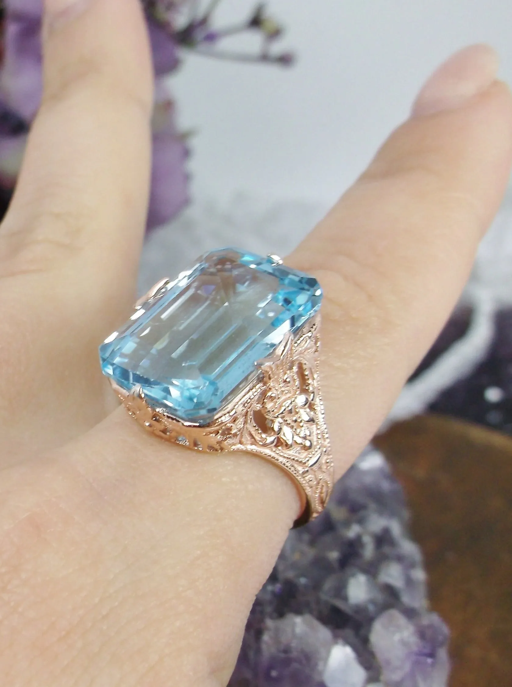 Natural Blue Topaz Ring, 10k or 14k Rose Gold Vintage Jewelry #D202