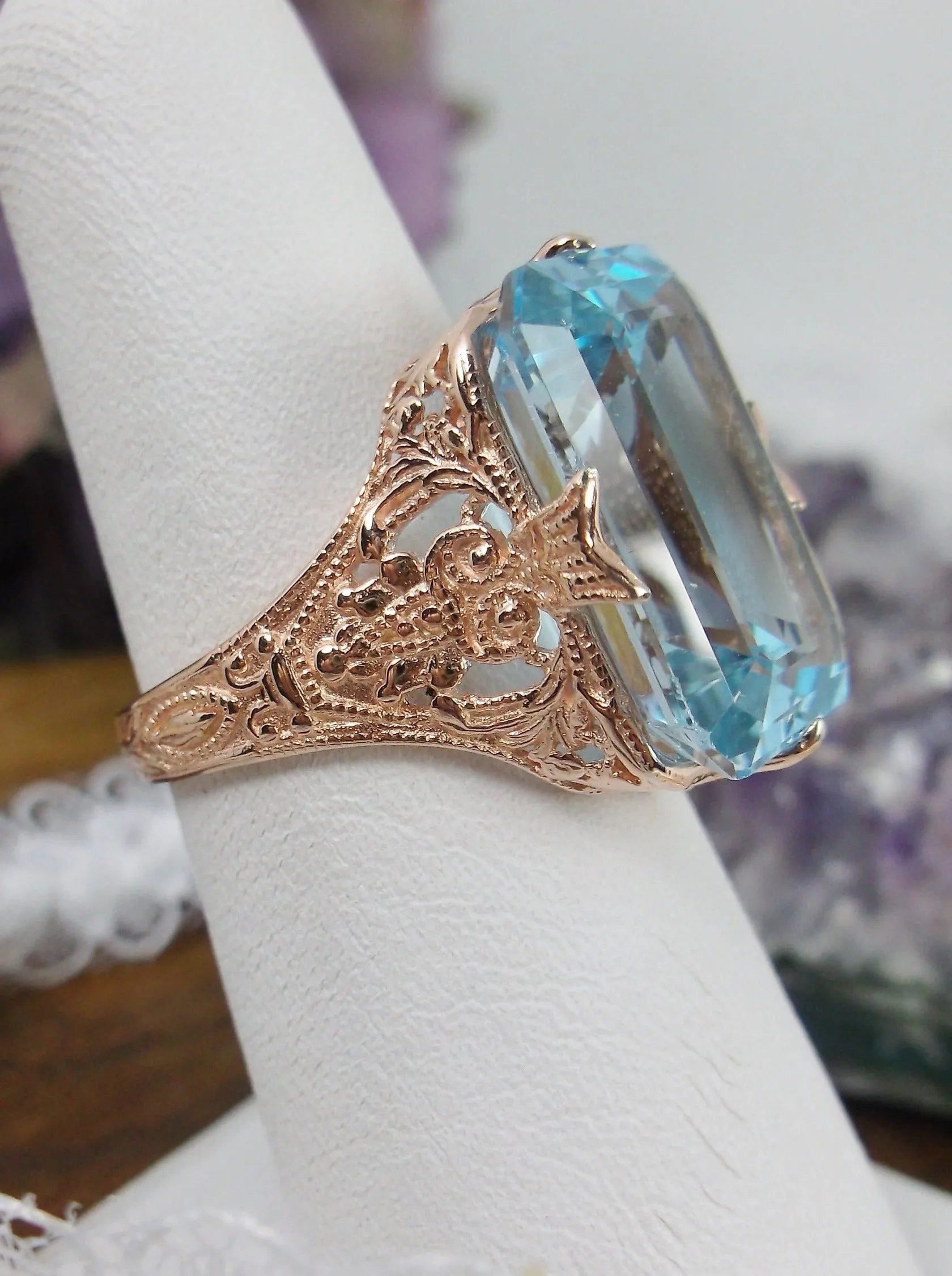 Natural Blue Topaz Ring, 10k or 14k Rose Gold Vintage Jewelry #D202