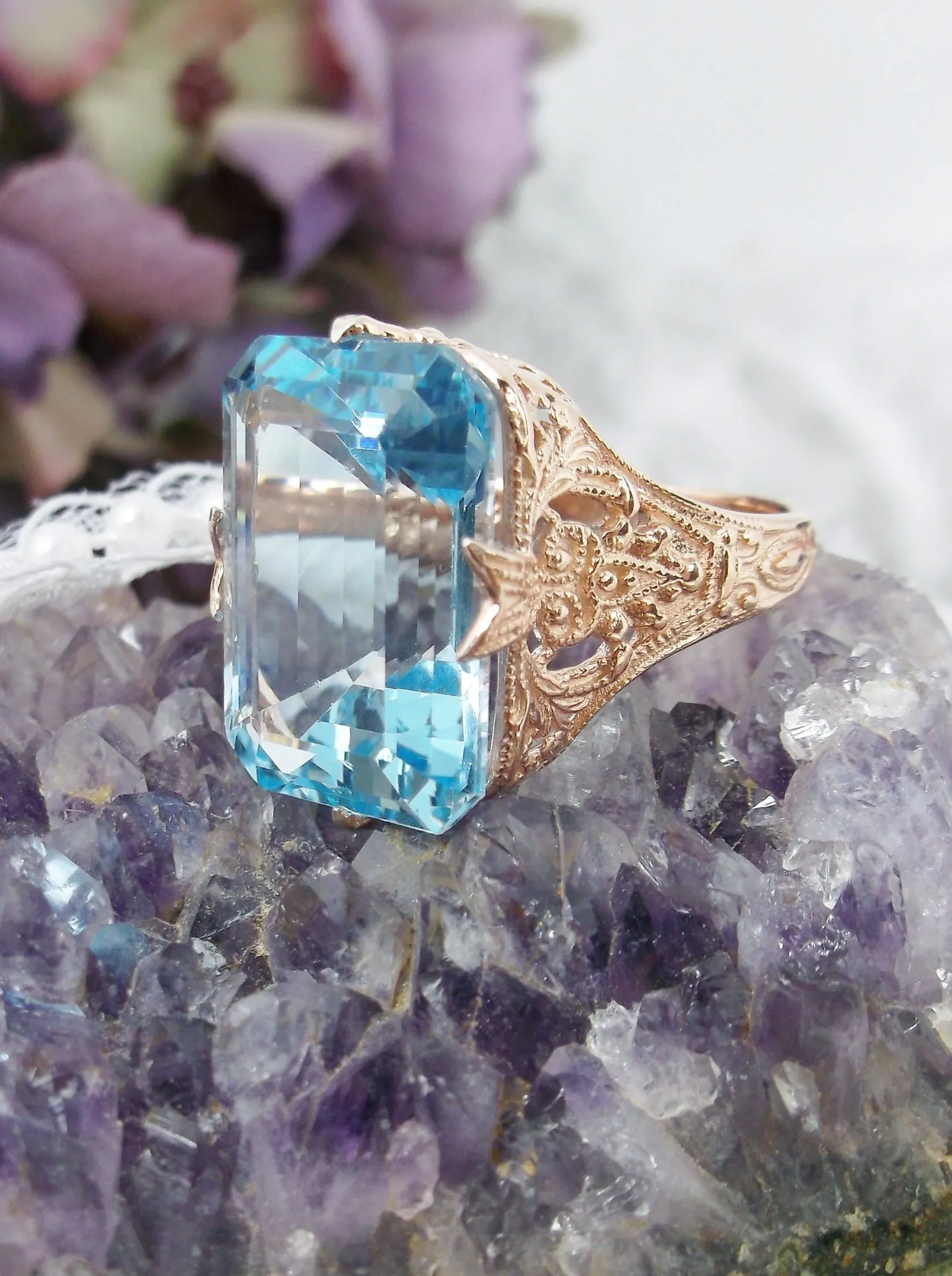 Natural Blue Topaz Ring, 10k or 14k Rose Gold Vintage Jewelry #D202