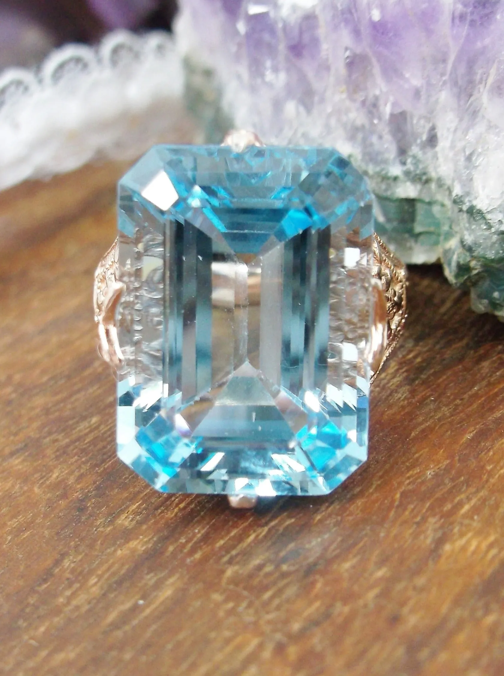 Natural Blue Topaz Ring, 10k or 14k Rose Gold Vintage Jewelry #D202