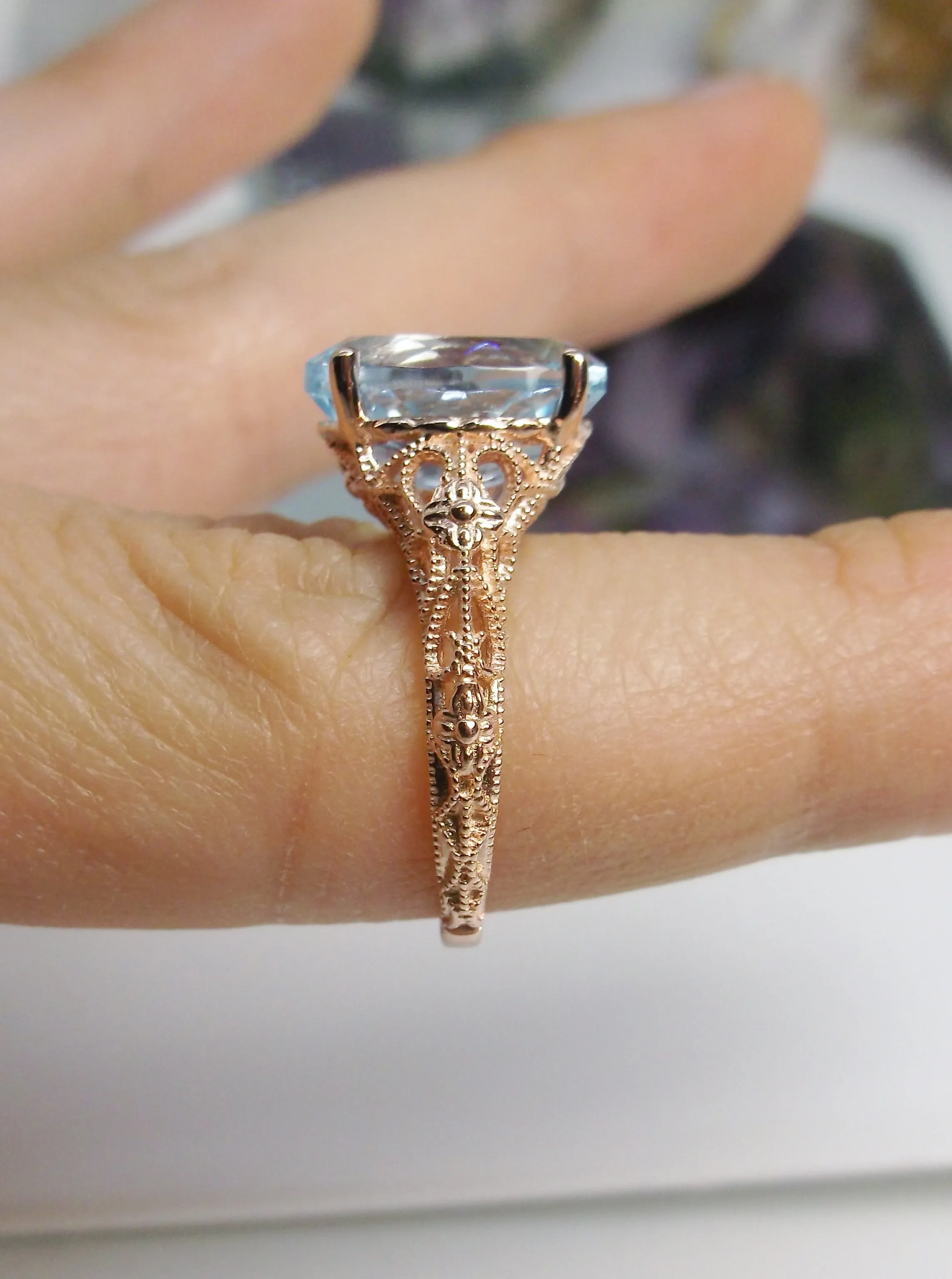 Natural Blue Topaz Ring, Gold or Silver Medieval Floral Filigree, Oval Gem, Vintage Jewelry, D173