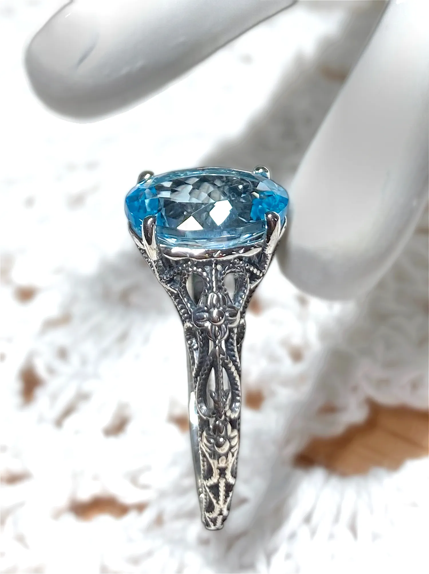 Natural Blue Topaz Ring, Gold or Silver Medieval Floral Filigree, Oval Gem, Vintage Jewelry, D173