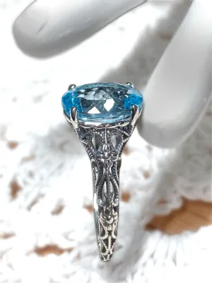 Natural Blue Topaz Ring, Gold or Silver Medieval Floral Filigree, Oval Gem, Vintage Jewelry, D173