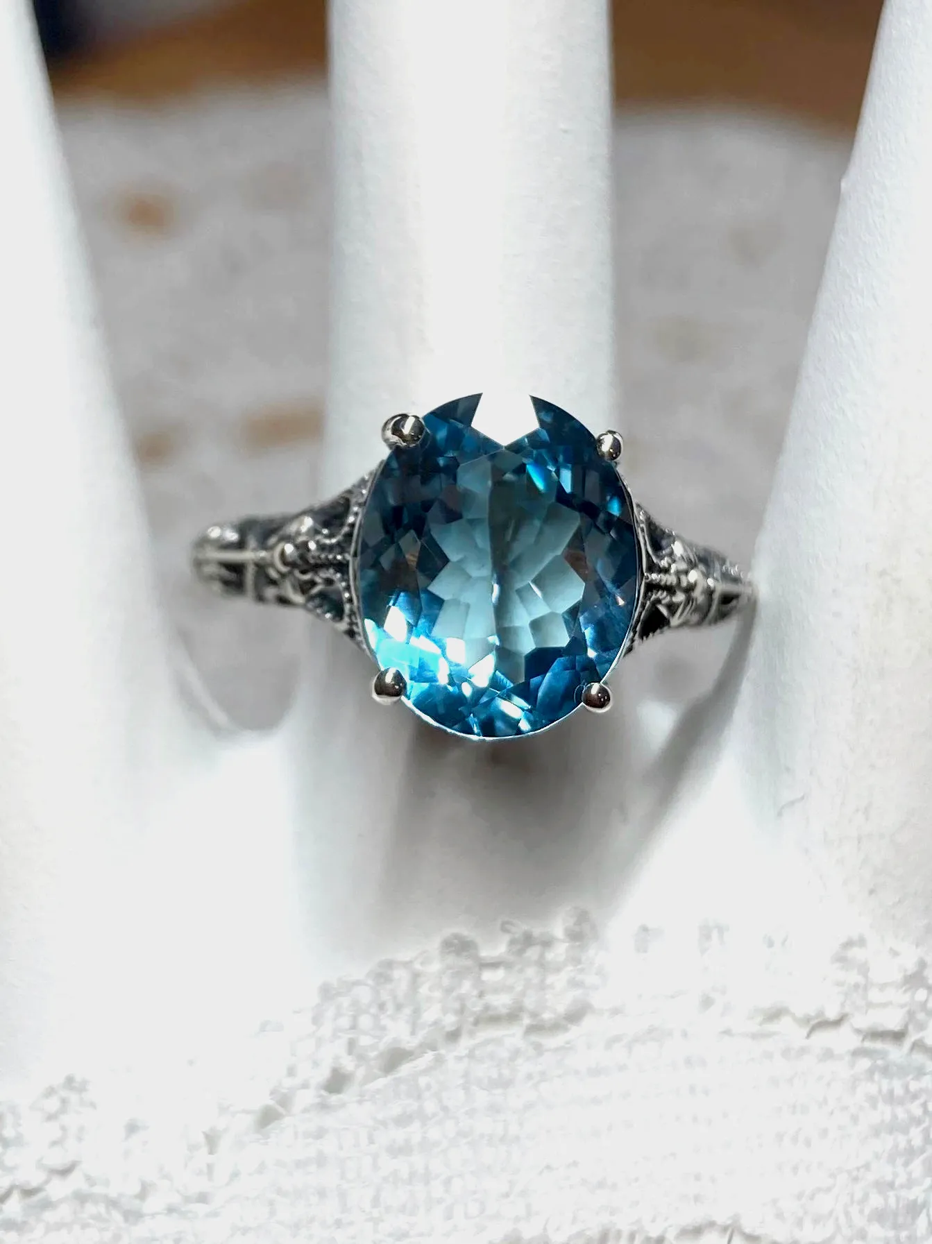 Natural Blue Topaz Ring, Gold or Silver Medieval Floral Filigree, Oval Gem, Vintage Jewelry, D173