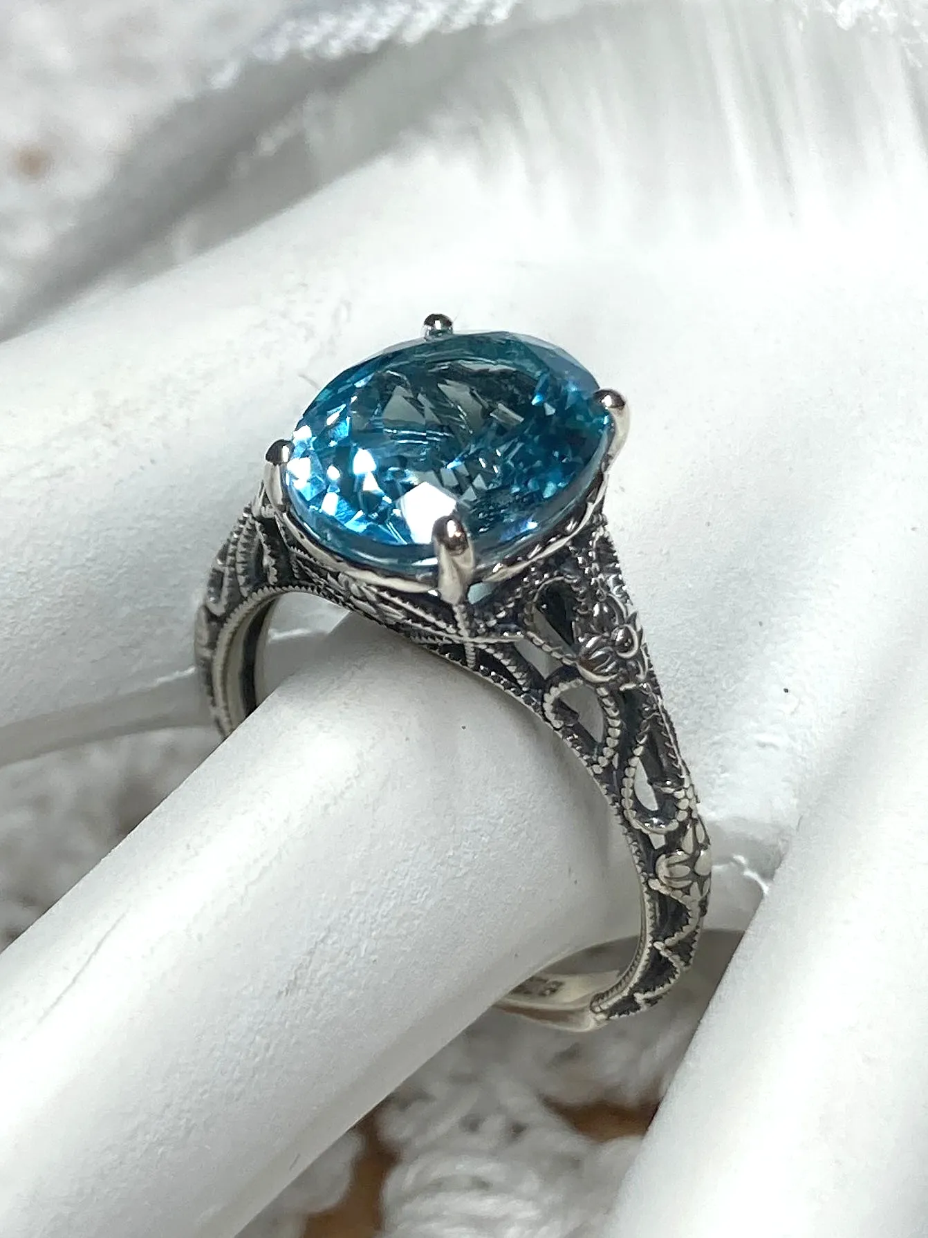 Natural Blue Topaz Ring, Gold or Silver Medieval Floral Filigree, Oval Gem, Vintage Jewelry, D173
