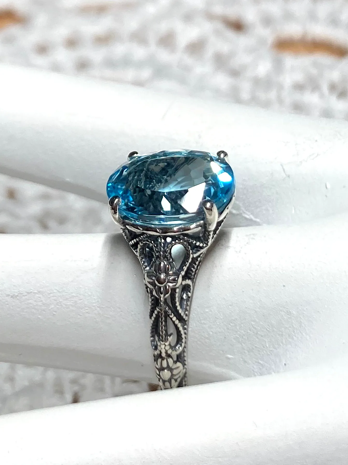 Natural Blue Topaz Ring, Gold or Silver Medieval Floral Filigree, Oval Gem, Vintage Jewelry, D173