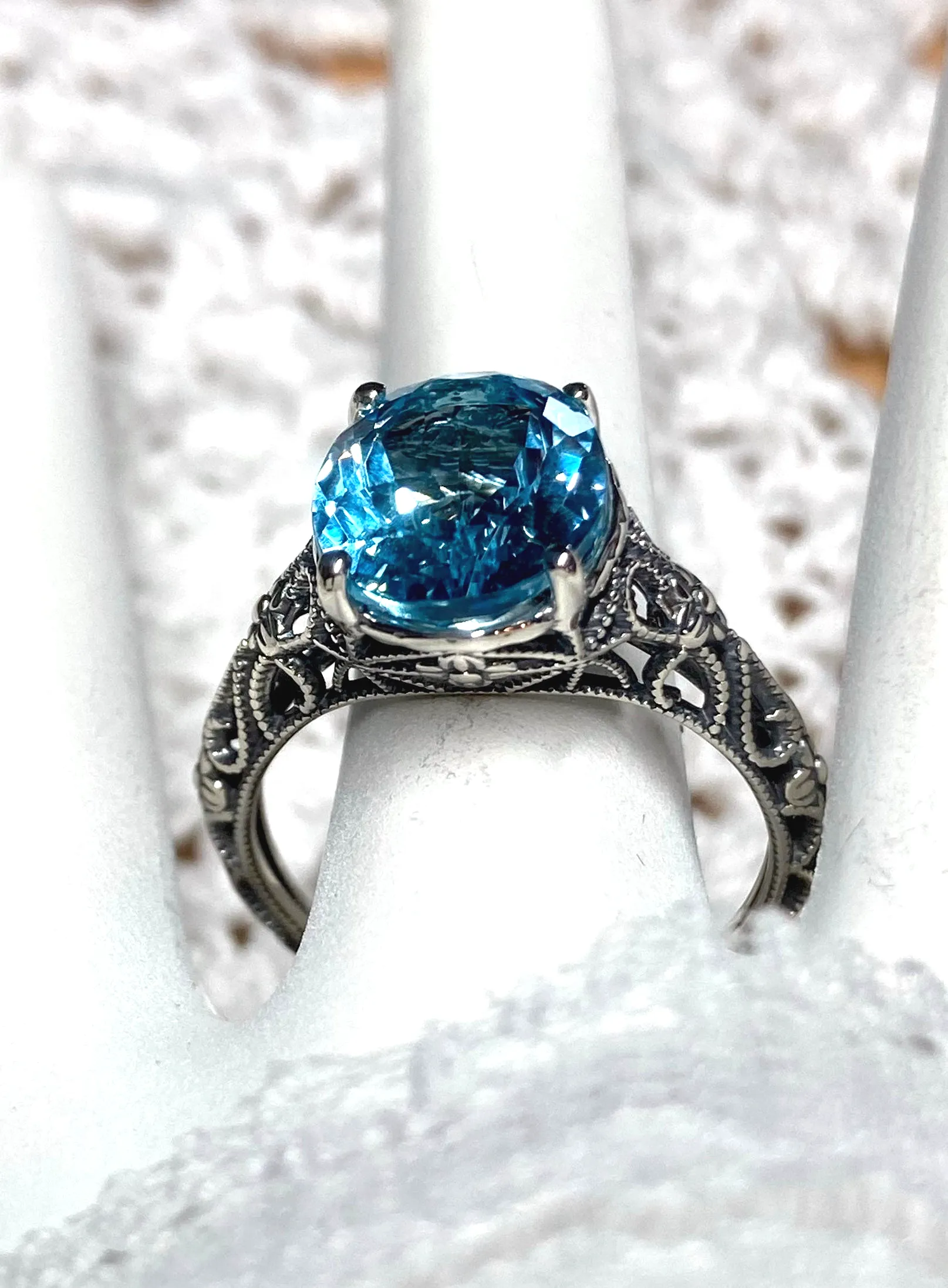 Natural Blue Topaz Ring, Gold or Silver Medieval Floral Filigree, Oval Gem, Vintage Jewelry, D173