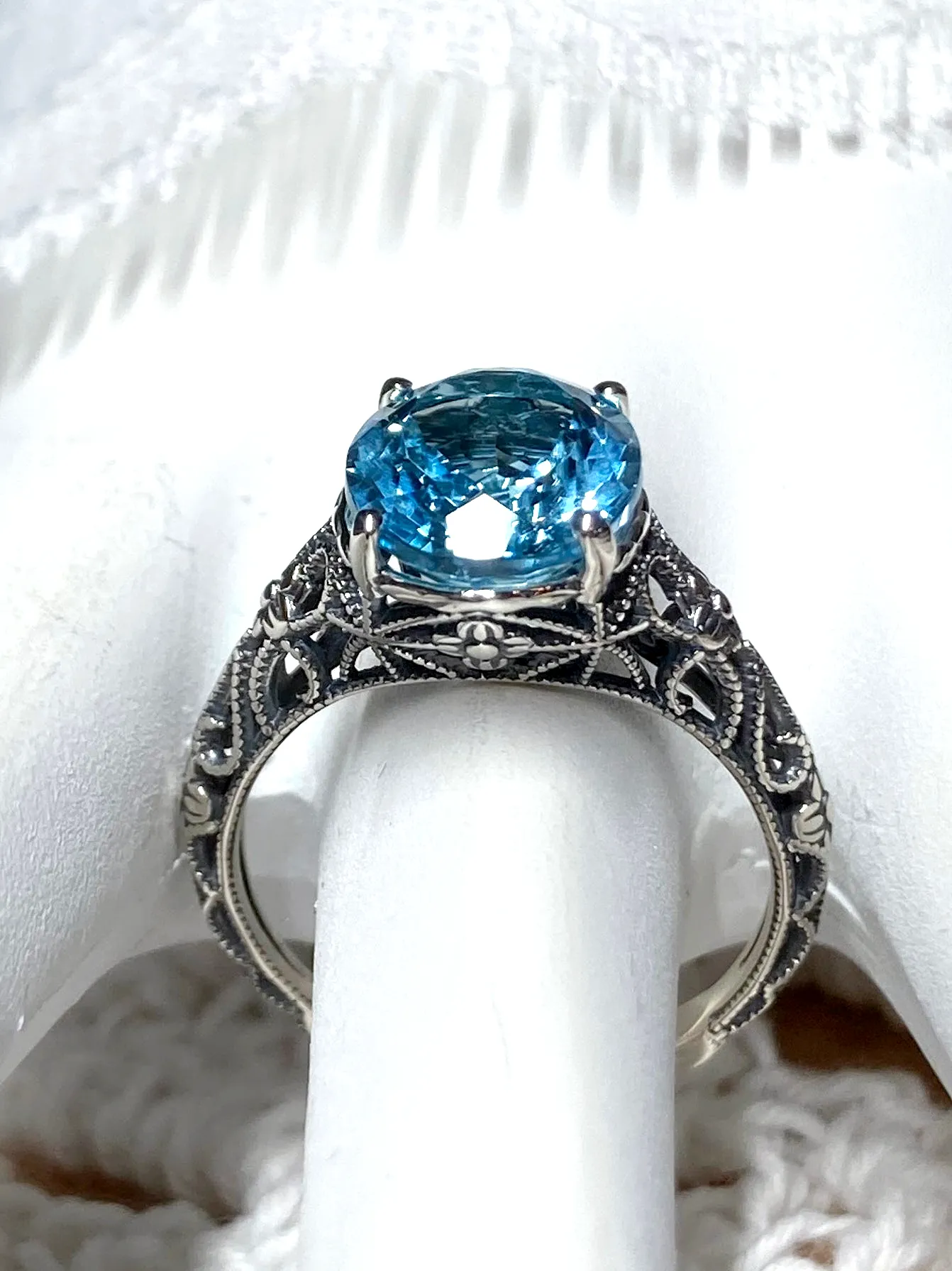 Natural Blue Topaz Ring, Gold or Silver Medieval Floral Filigree, Oval Gem, Vintage Jewelry, D173