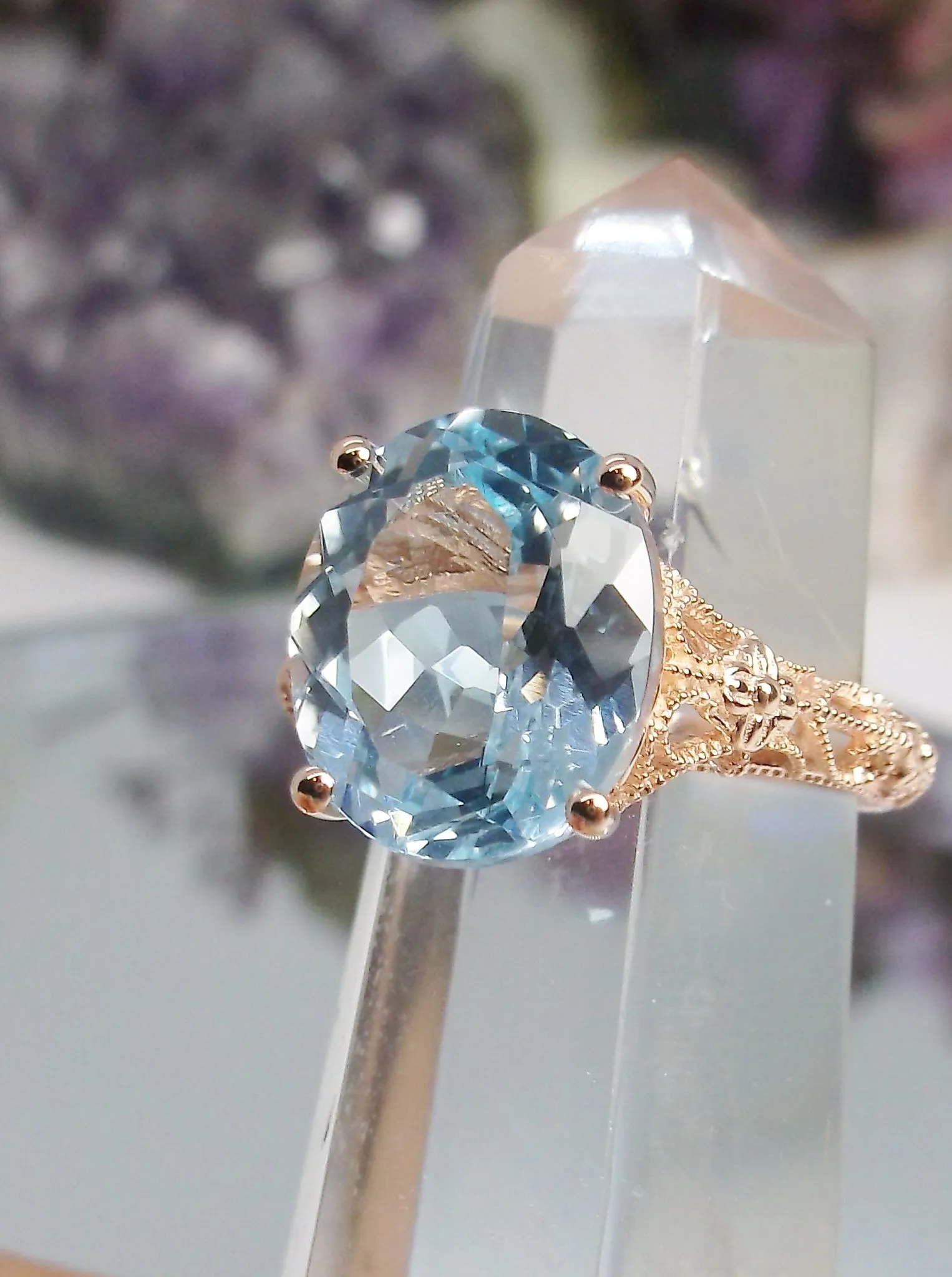 Natural Blue Topaz Ring, Gold or Silver Medieval Floral Filigree, Oval Gem, Vintage Jewelry, D173
