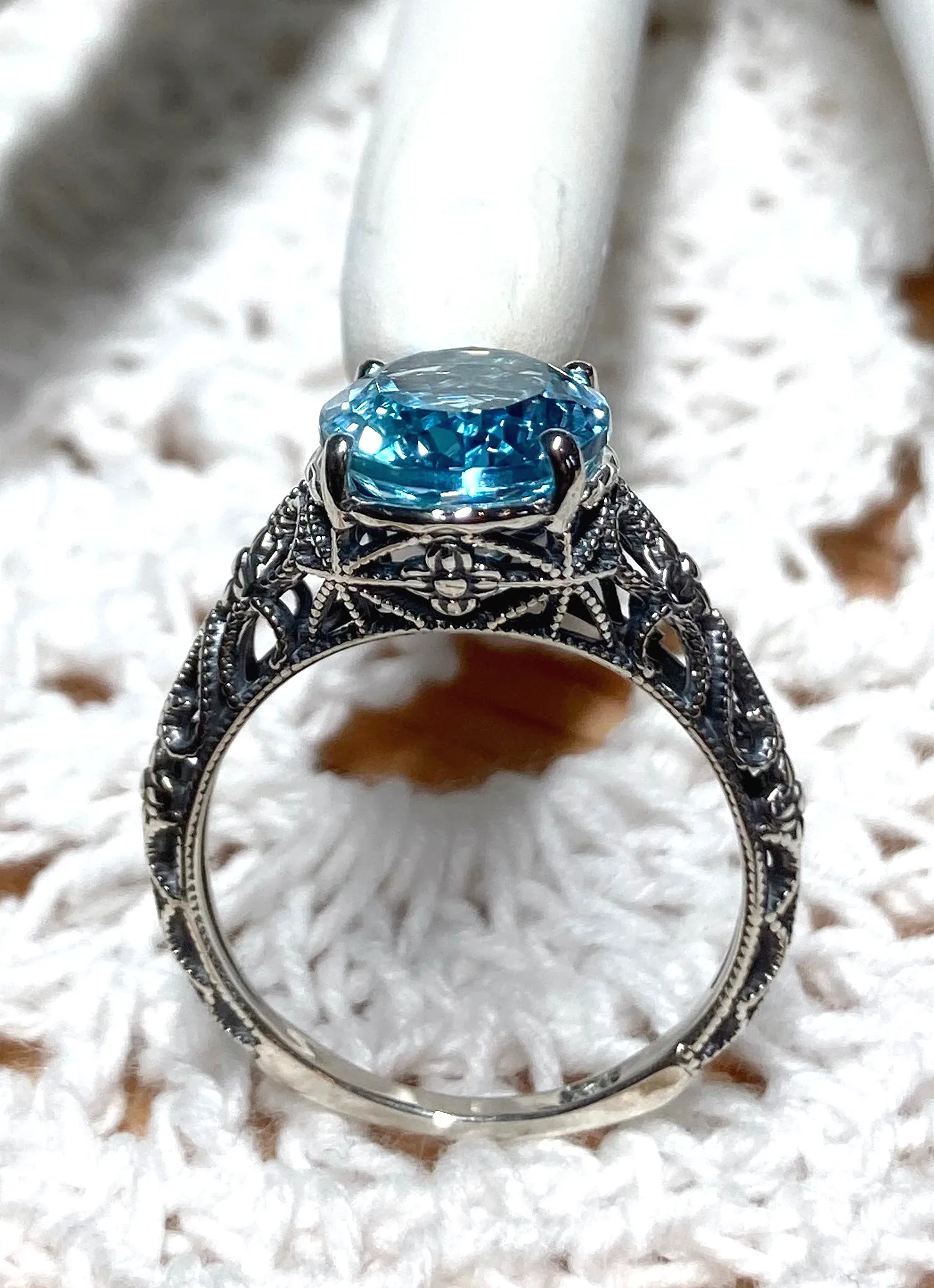 Natural Blue Topaz Ring, Gold or Silver Medieval Floral Filigree, Oval Gem, Vintage Jewelry, D173