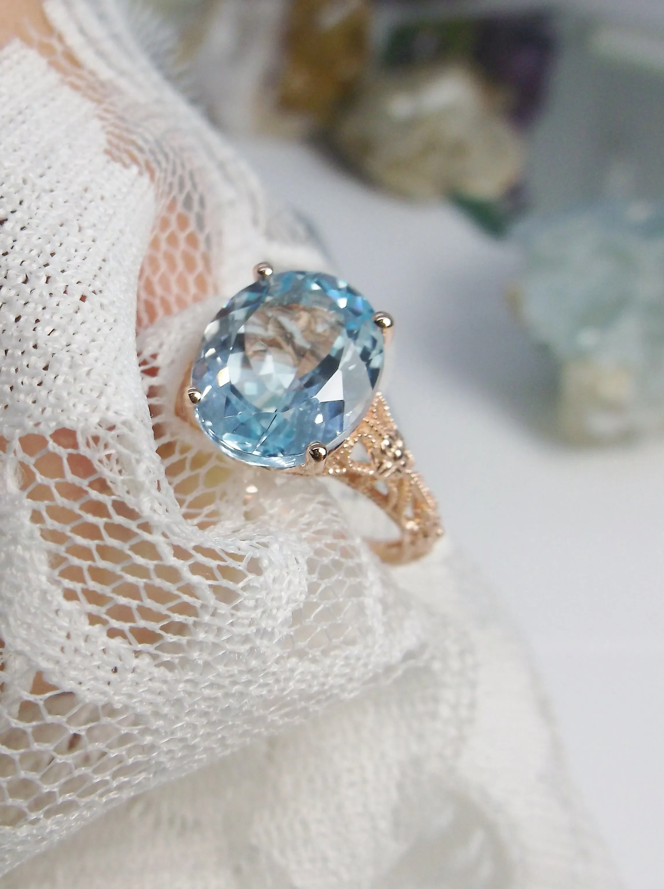 Natural Blue Topaz Ring, Gold or Silver Medieval Floral Filigree, Oval Gem, Vintage Jewelry, D173