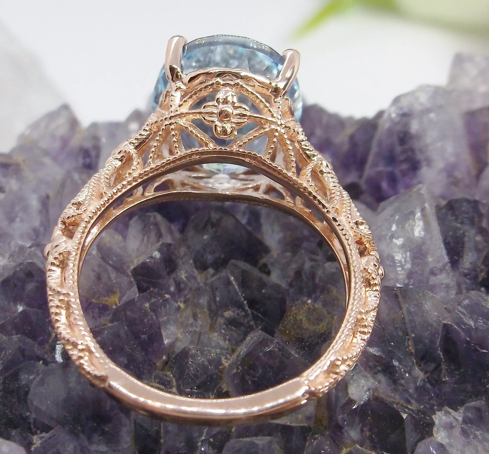 Natural Blue Topaz Ring, Gold or Silver Medieval Floral Filigree, Oval Gem, Vintage Jewelry, D173