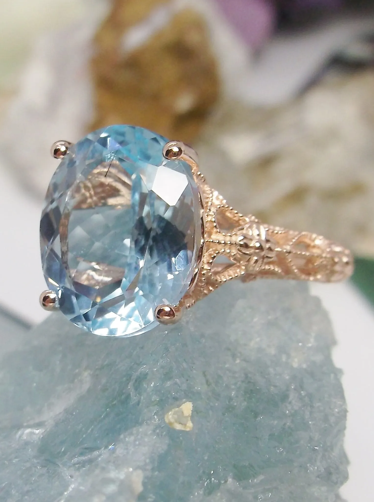 Natural Blue Topaz Ring, Gold or Silver Medieval Floral Filigree, Oval Gem, Vintage Jewelry, D173