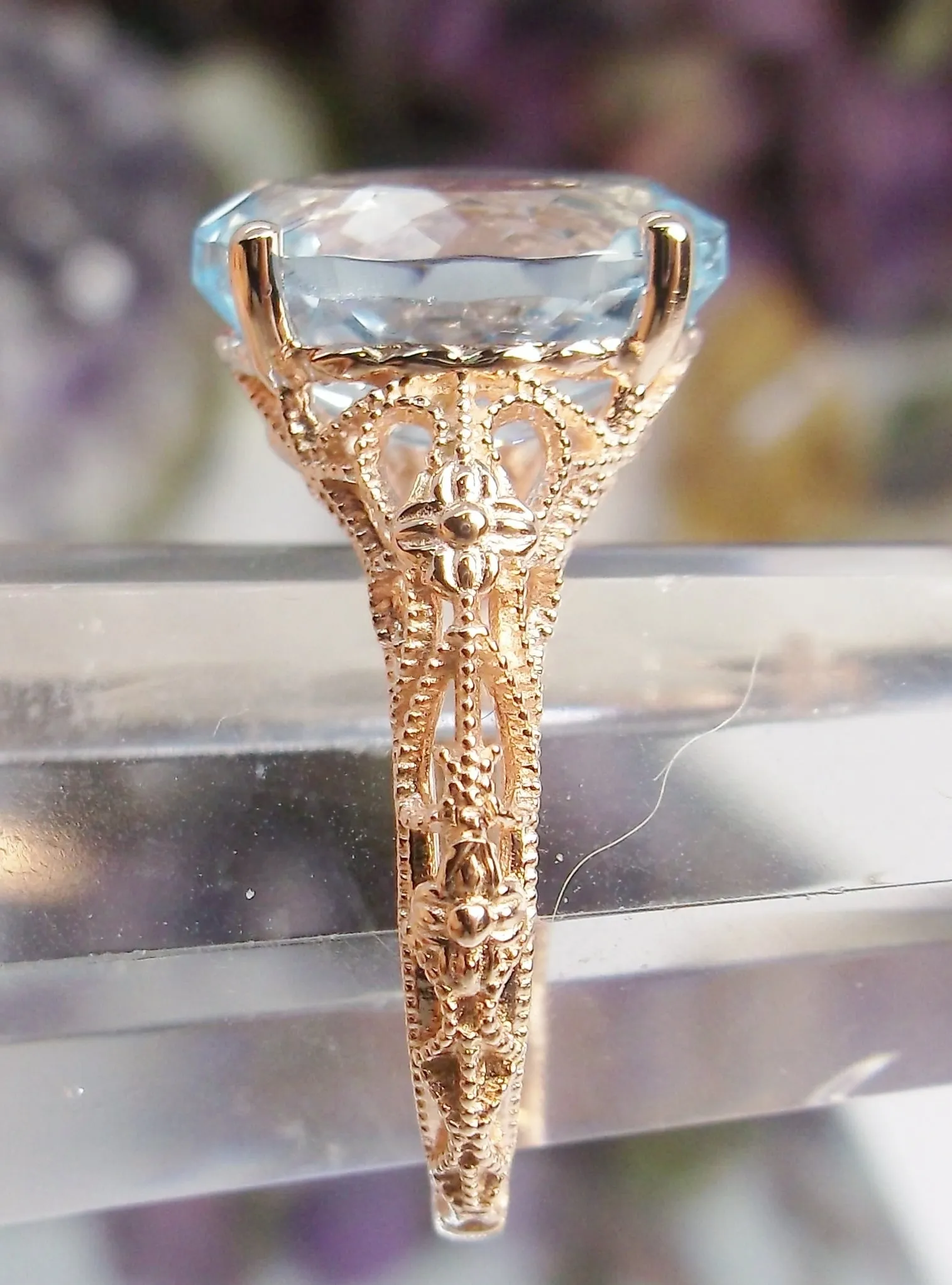 Natural Blue Topaz Ring, Gold or Silver Medieval Floral Filigree, Oval Gem, Vintage Jewelry, D173