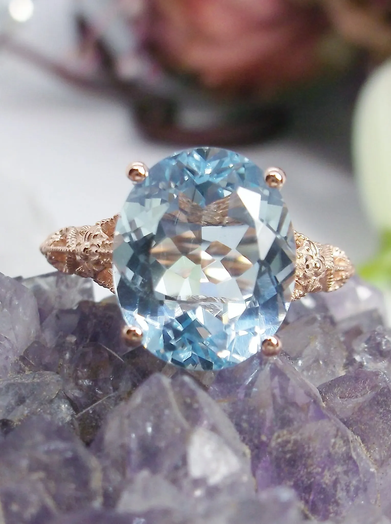 Natural Blue Topaz Ring, Gold or Silver Medieval Floral Filigree, Oval Gem, Vintage Jewelry, D173