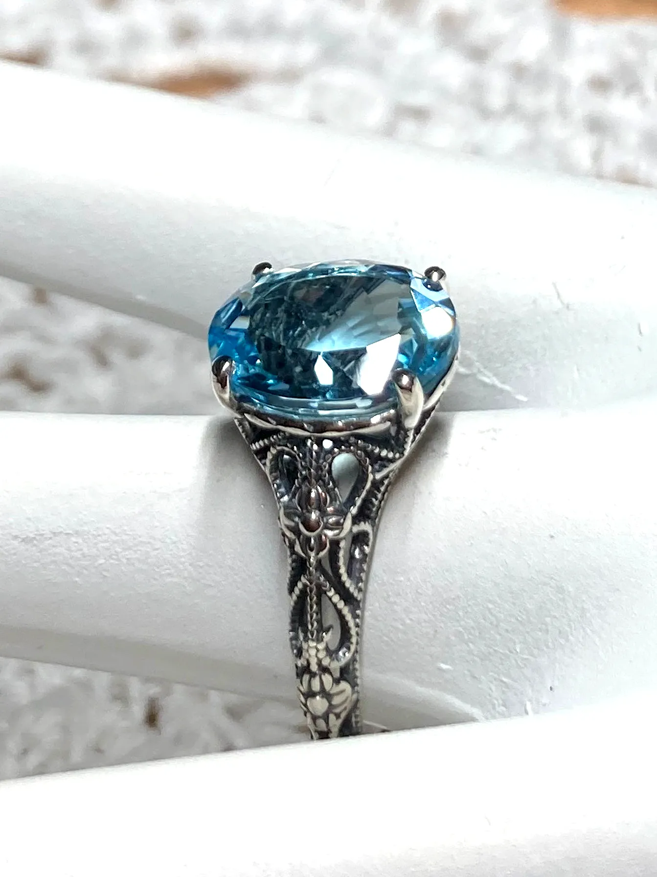 Natural Blue Topaz Ring, Gold or Silver Medieval Floral Filigree, Oval Gem, Vintage Jewelry, D173