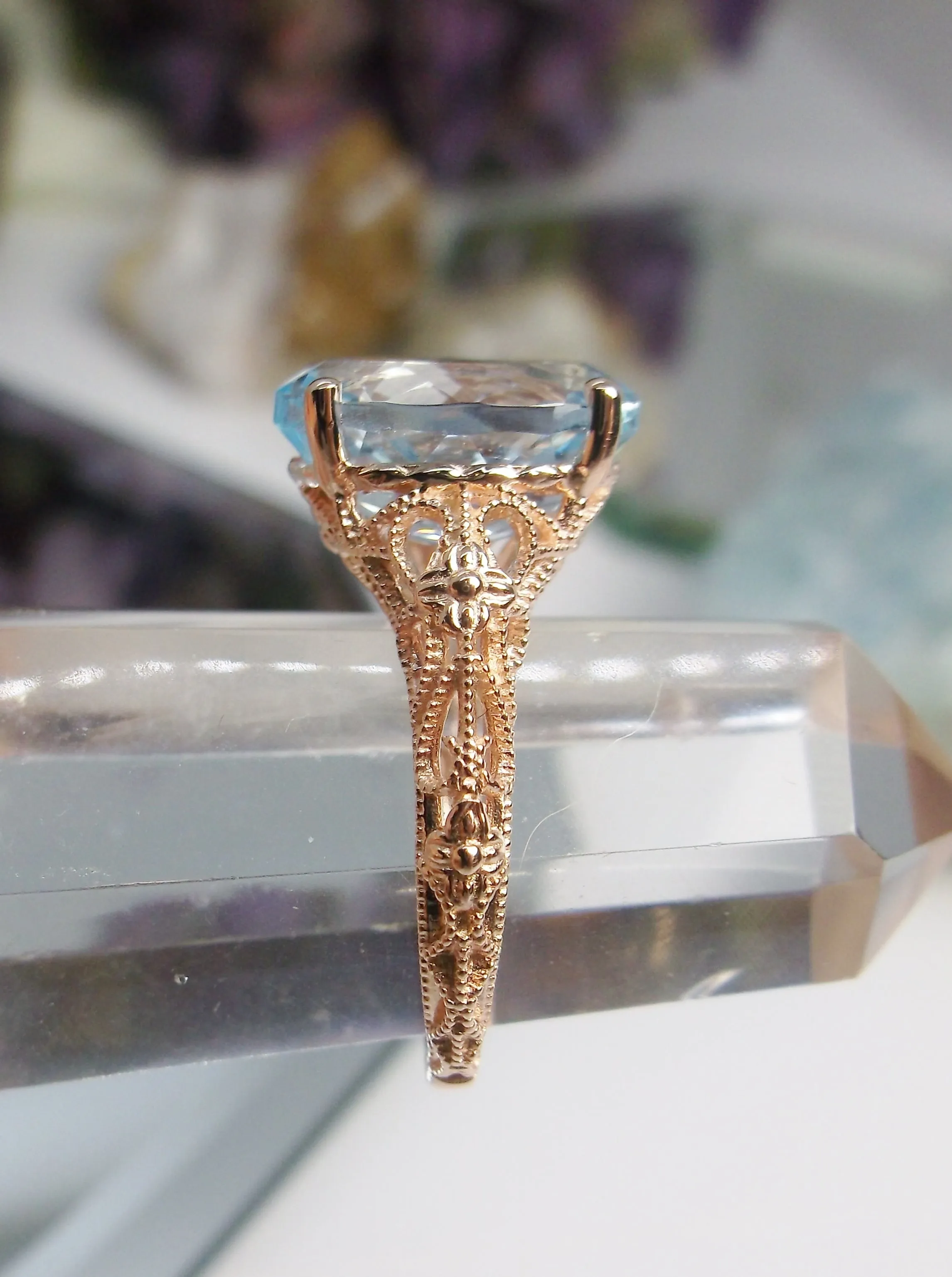 Natural Blue Topaz Ring, Medieval Floral Rose Gold plated Filigree, Oval Gem, Vintage Jewelry, D173