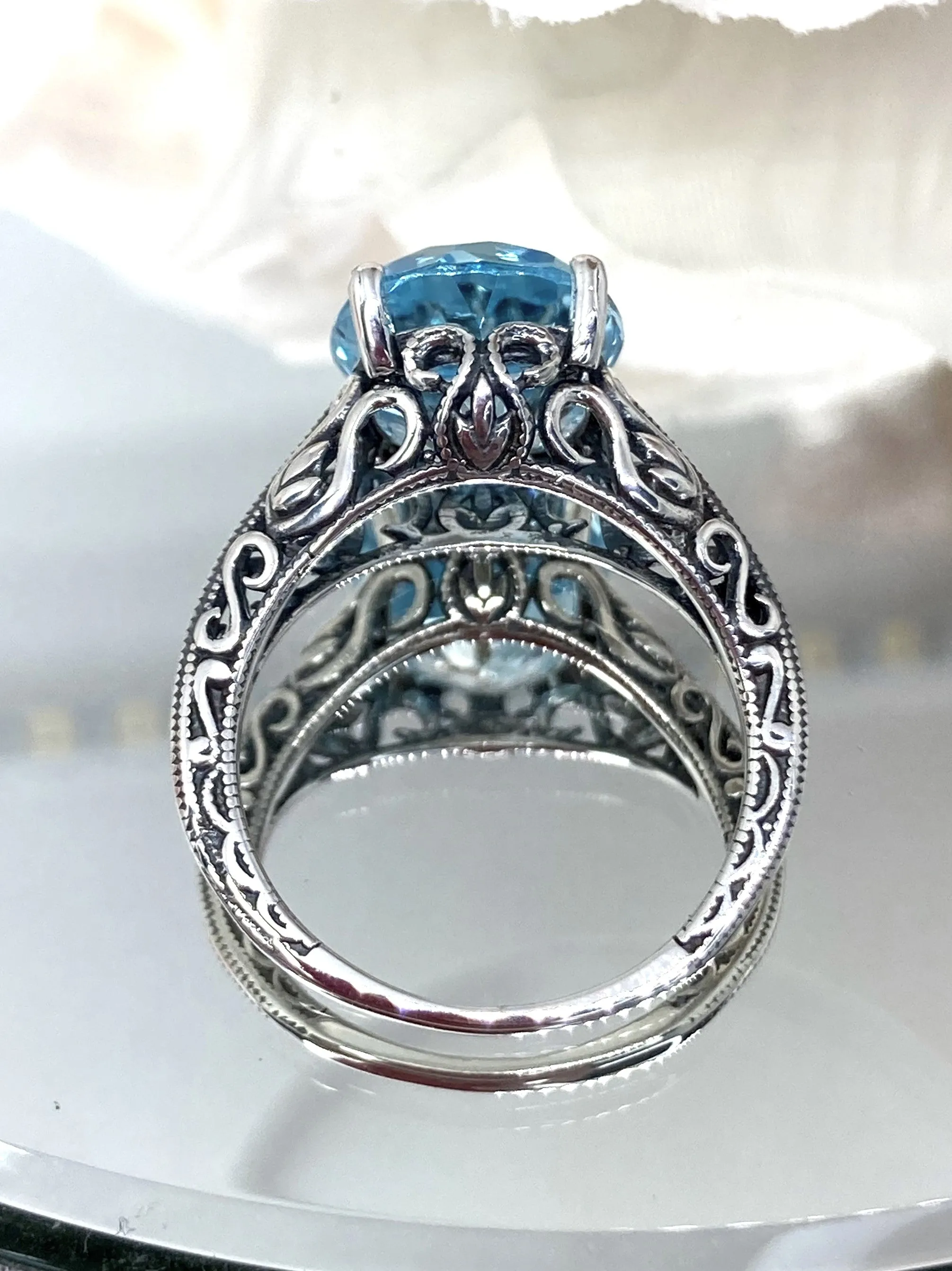 Natural Blue Topaz Ring, Swan Filigree, Art Deco Jewelry #D190